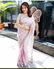 Party-wear Pink Soft Organza Sequence & Thread Work Saree