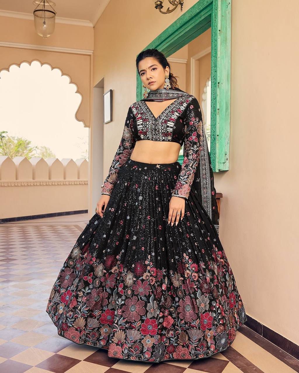 Fashionuma Georgette Black Sequence With Thread Work Lehenga Choli