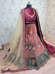 Heavy Pure Lycra Velvet Zarkan Work Multi Colour Double Dupatta & Double Cancan Rajwadi Bridal Lehenga Choli