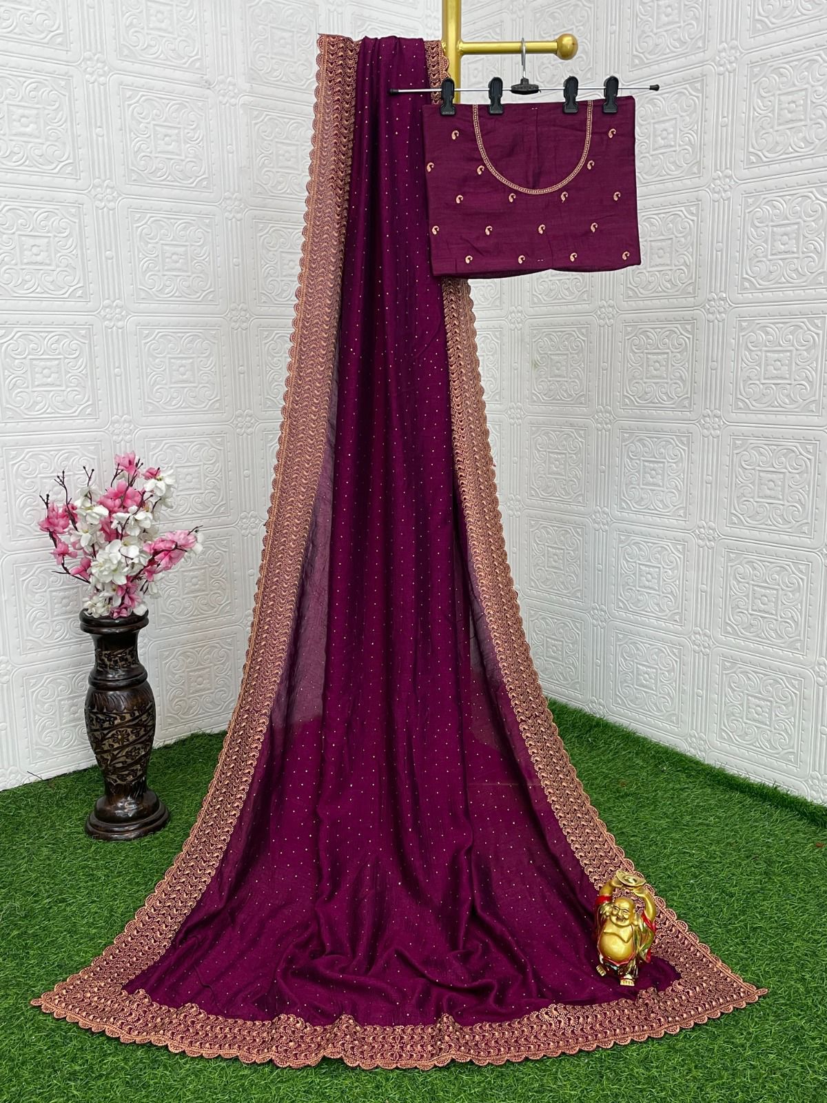 Beautiful Blooming Vichitra Silk Stone Work Saree