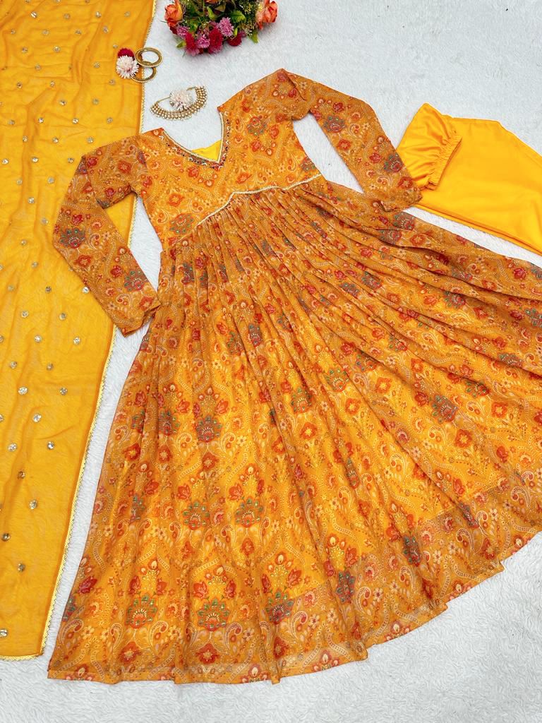 Beautiful Yellow Georgette Printed Work Gown