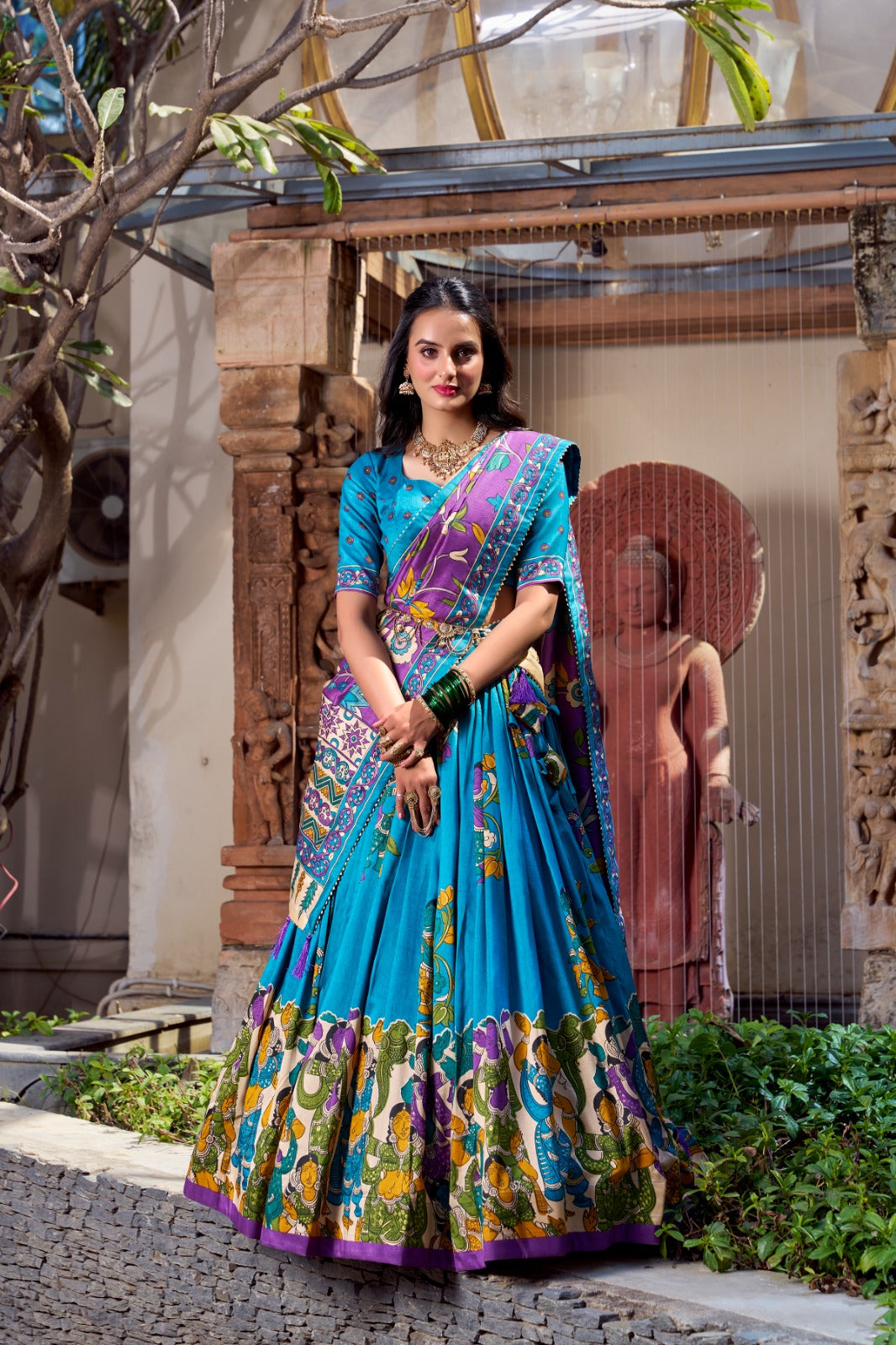 Beautiful Traditional Tussar Silk kalamkari With Foil Work Lehenga Choli