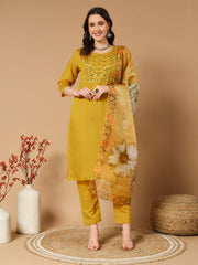 Designers Roman Silk With Embroidery Work Kurti Pent Dupatta Set