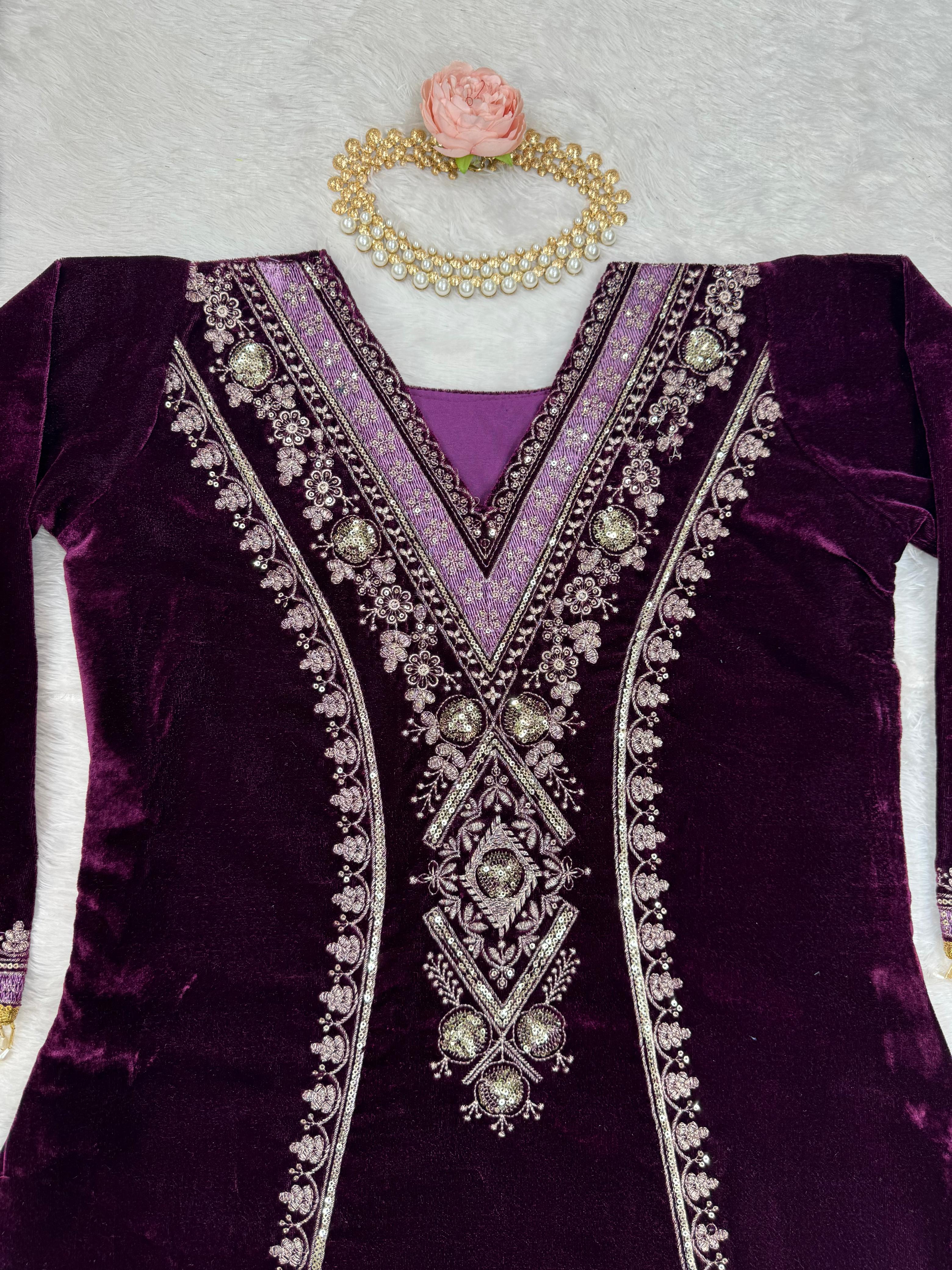 Beautiful Viscose Velvet Thread With Sequence Work Salwar Suit