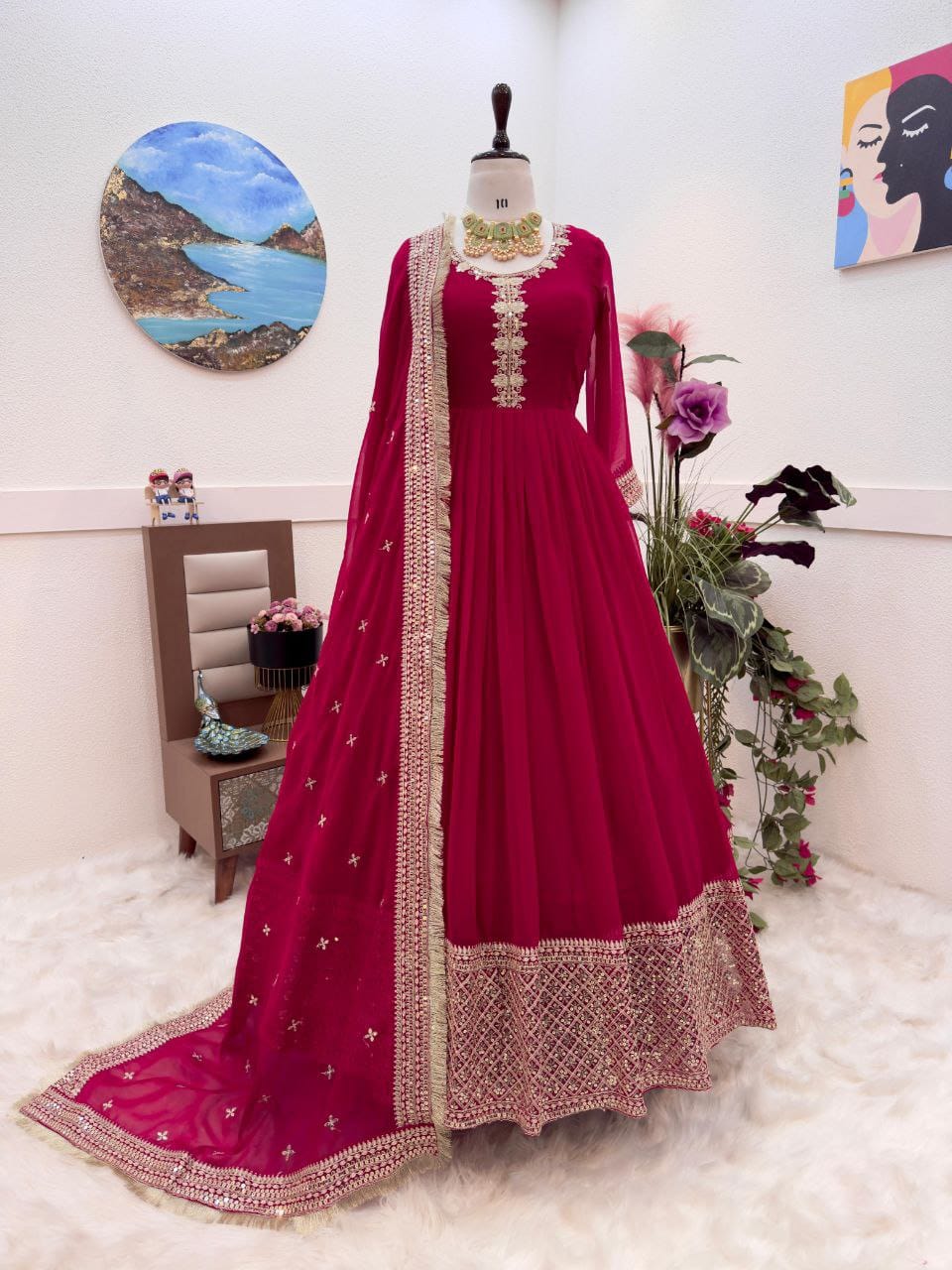 Beautiful Pink Georgette Sequence Coding Embroidery Work Gown