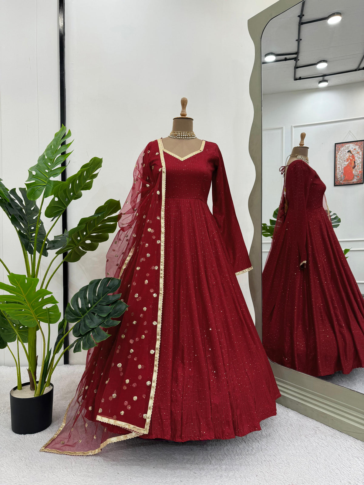 Partywear Beautiful Maroon Dola silk Gown