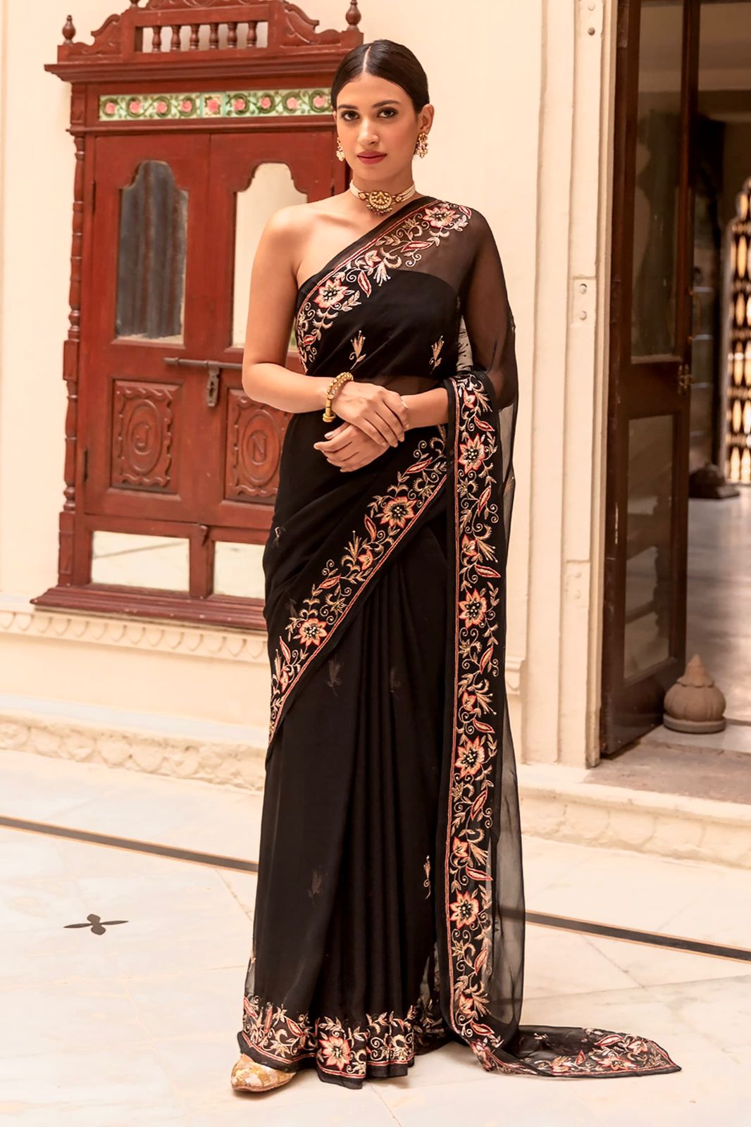 Attractive Black Georgette  Embroidery Work Saree