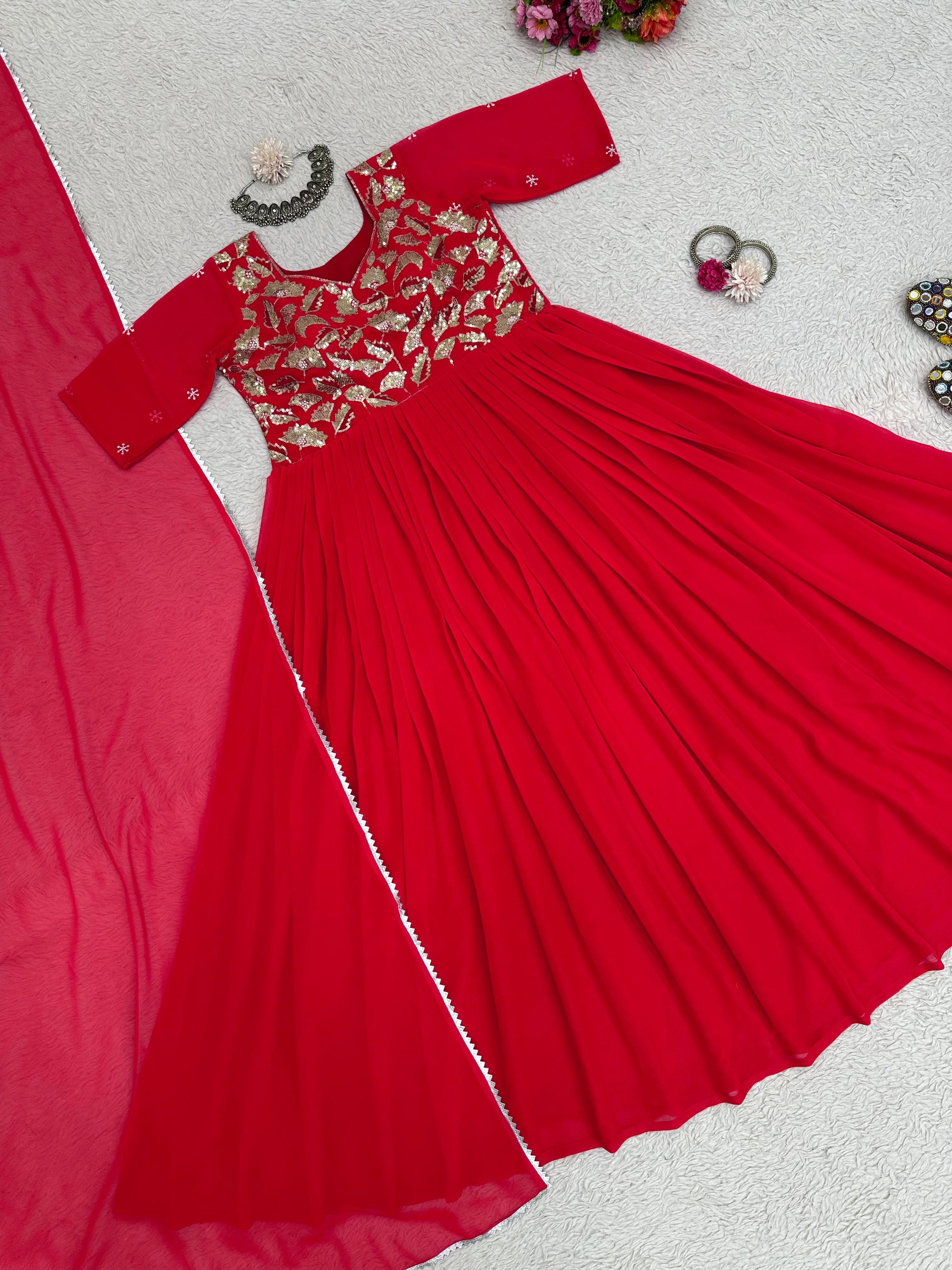 Stunning Red Georgette Thread With Sequence Work Gown