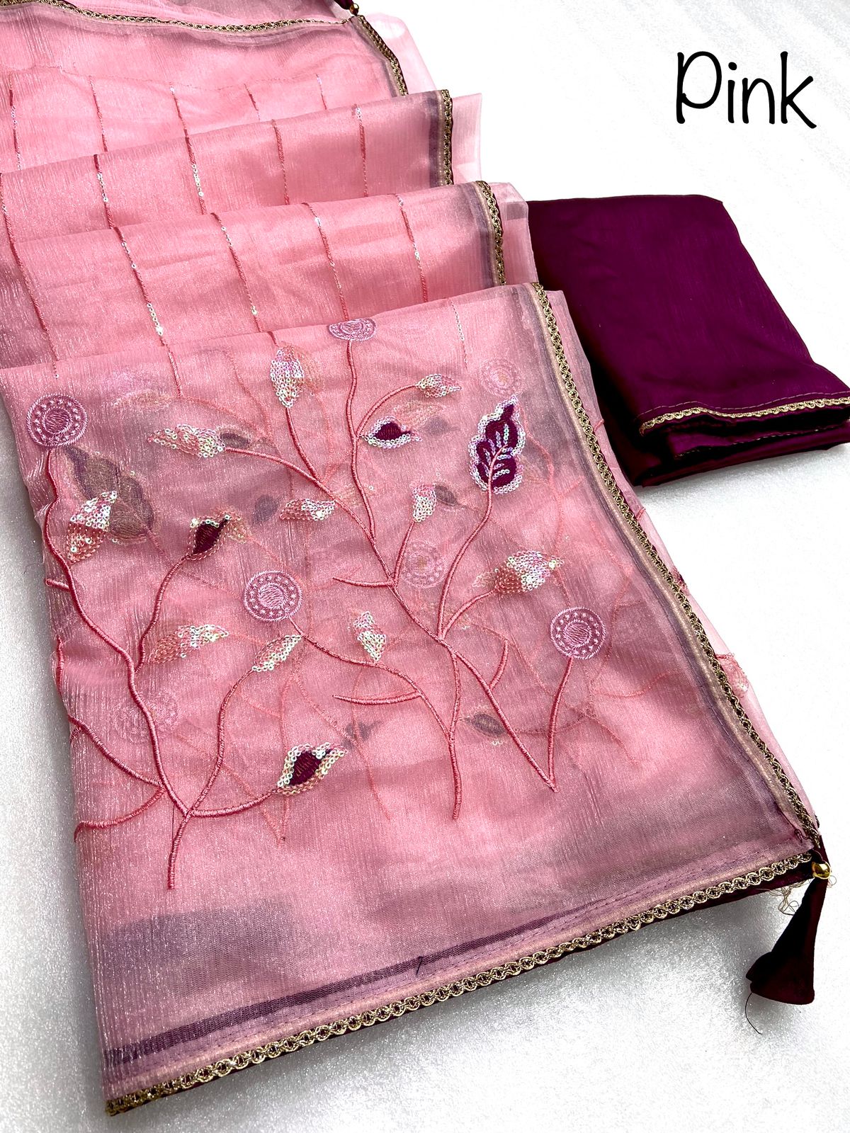 Beautiful Organza Fabric Seqance And Multi Work Saree