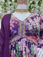 Stylish Purple Maslin Hand Work Gown