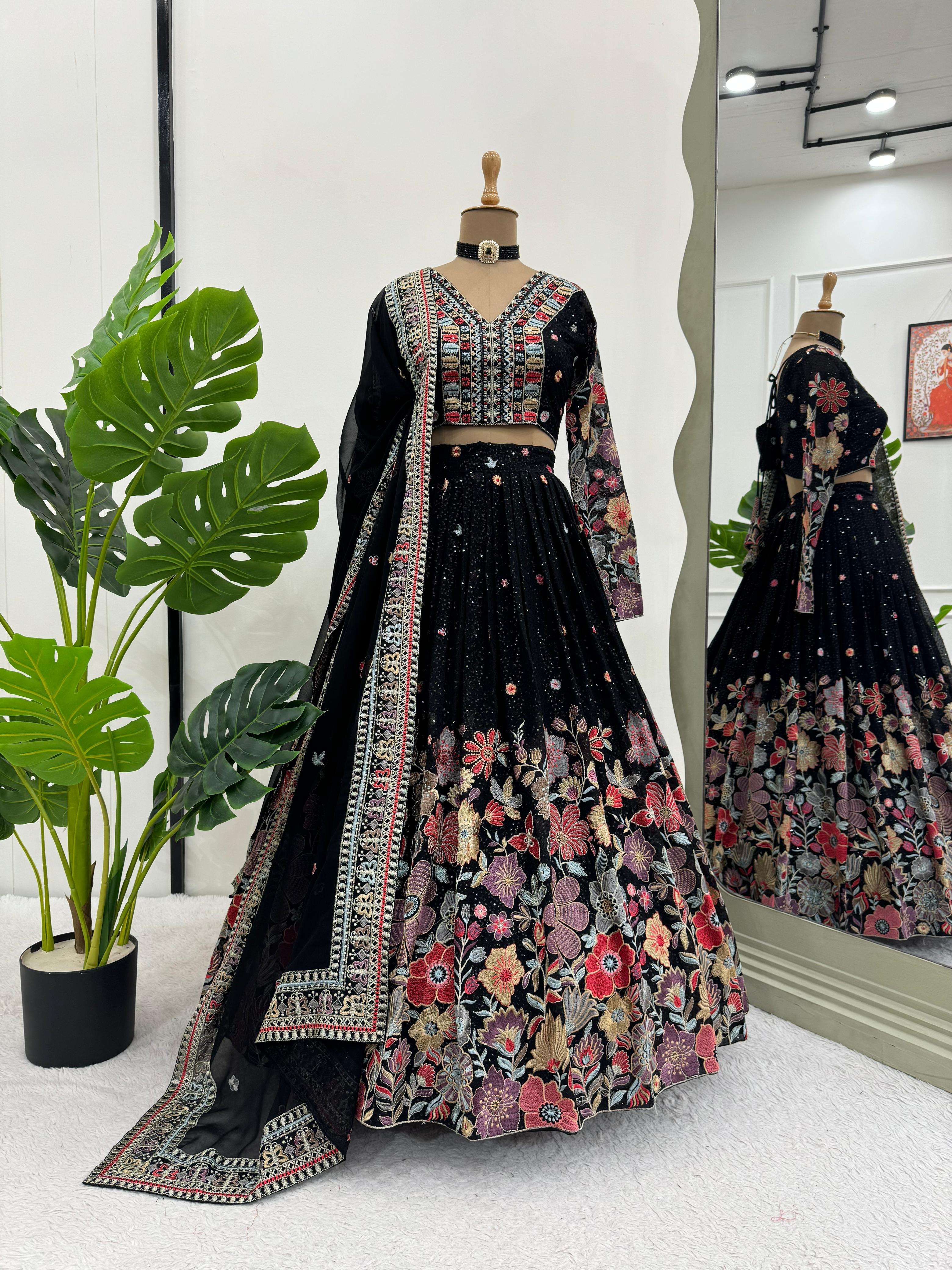 Fashionuma Georgette Black Sequence With Thread Work Lehenga Choli