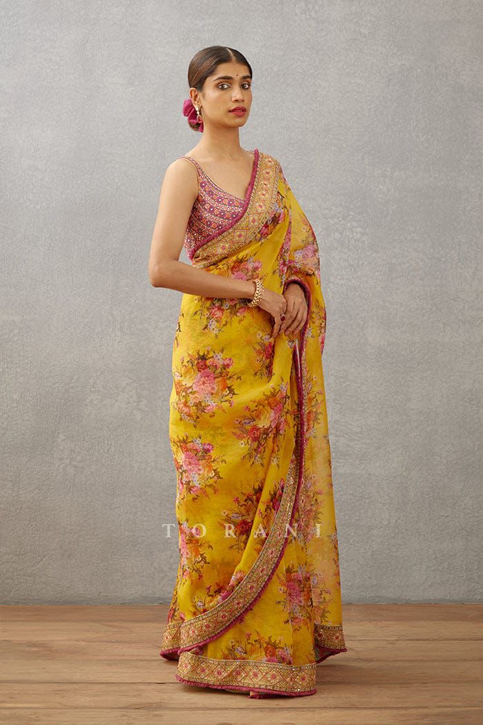 Beutiful Yellow Georgette Digital Printed With Multi Embroidery Work Saree