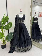 Beautiful Black Satin Silk Diamond & Real Mirror Work Lehenga Choli