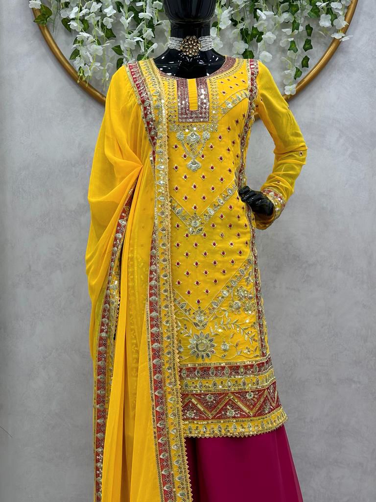 Shining Yellow Beautiful Designer Georgette Thread With Sequence Work Suit