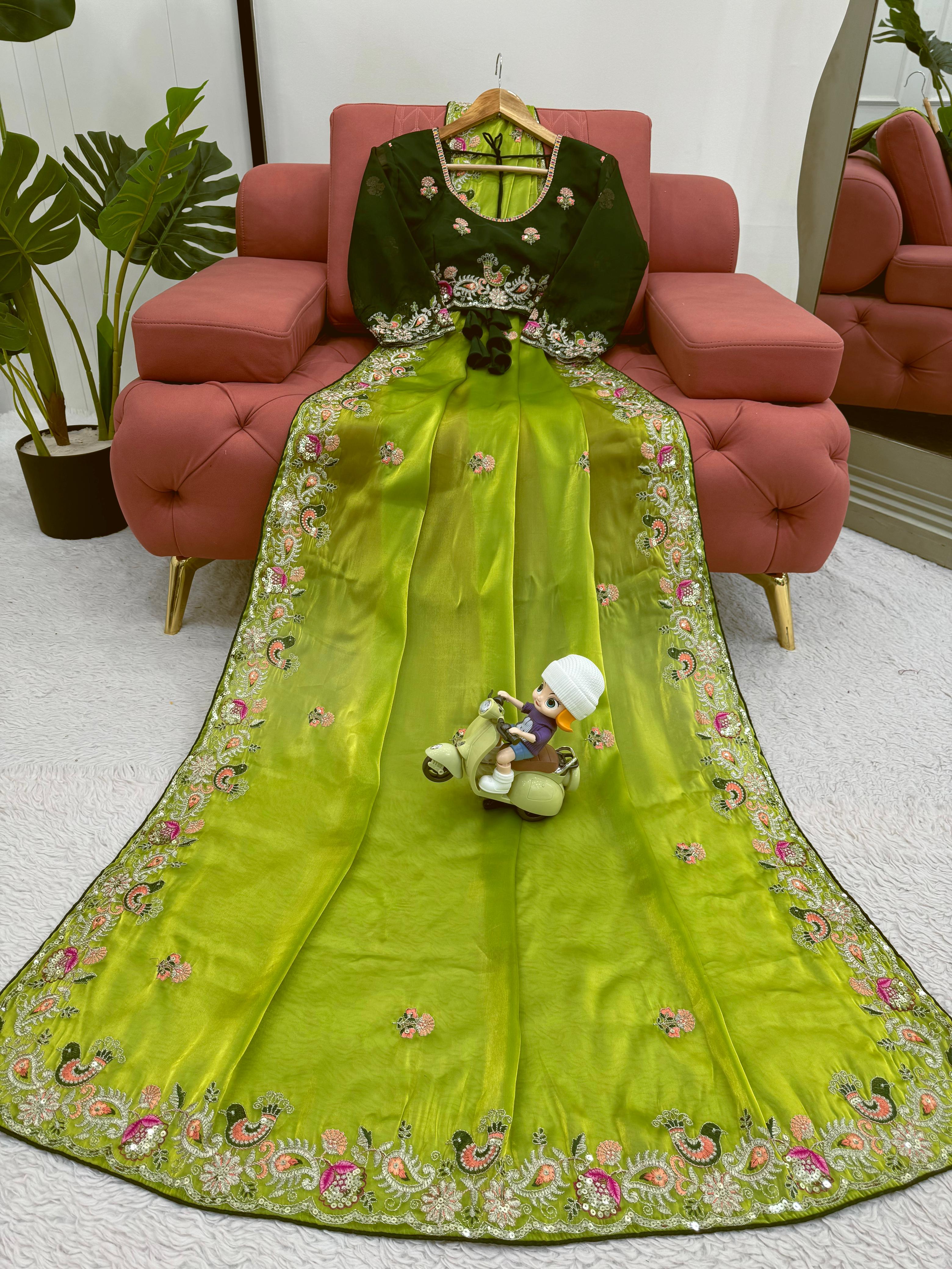 Beautiful Designer Green Tibby Silk Saree