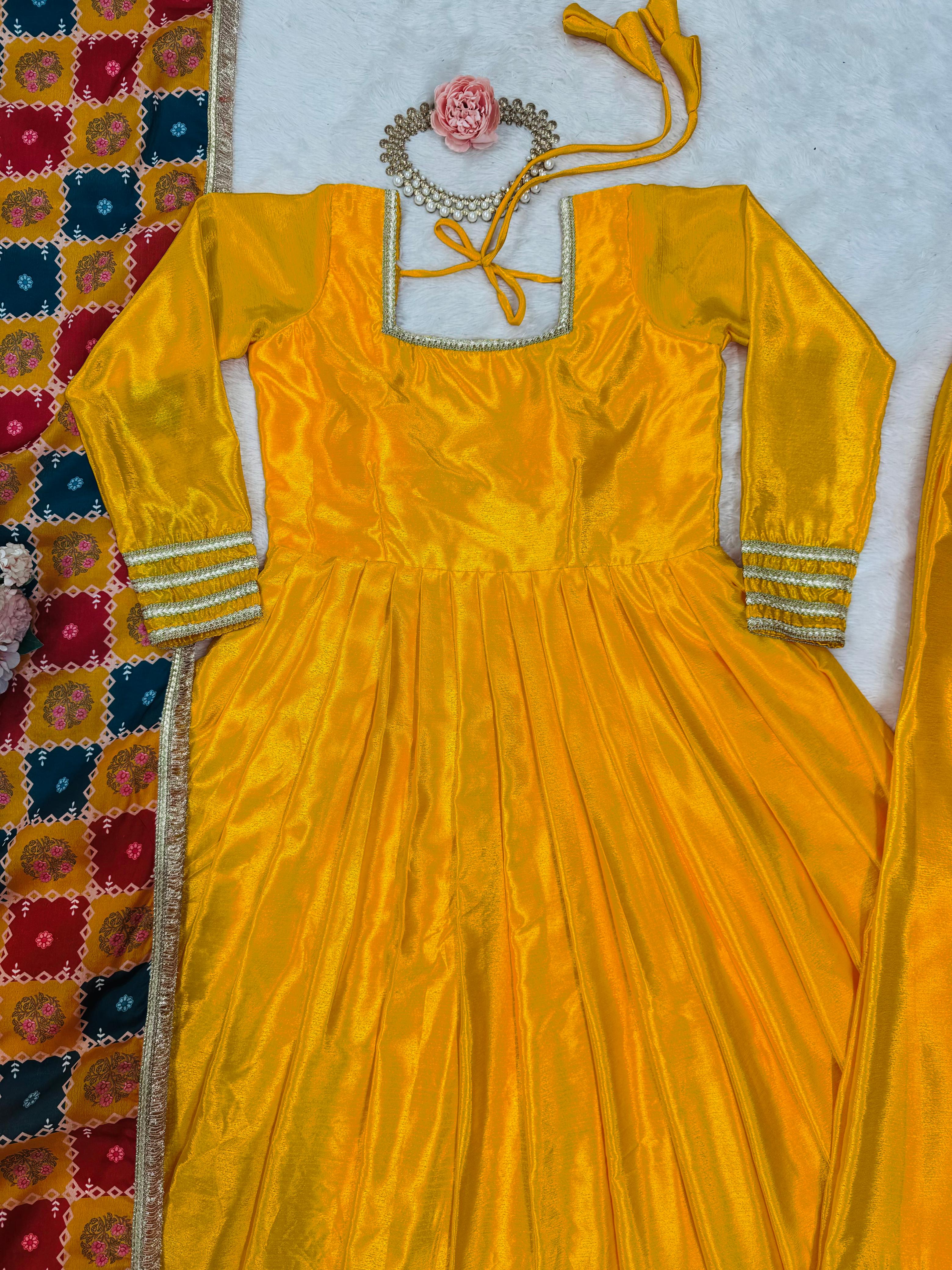 Festive Special Yellow Chinon Silk Gown