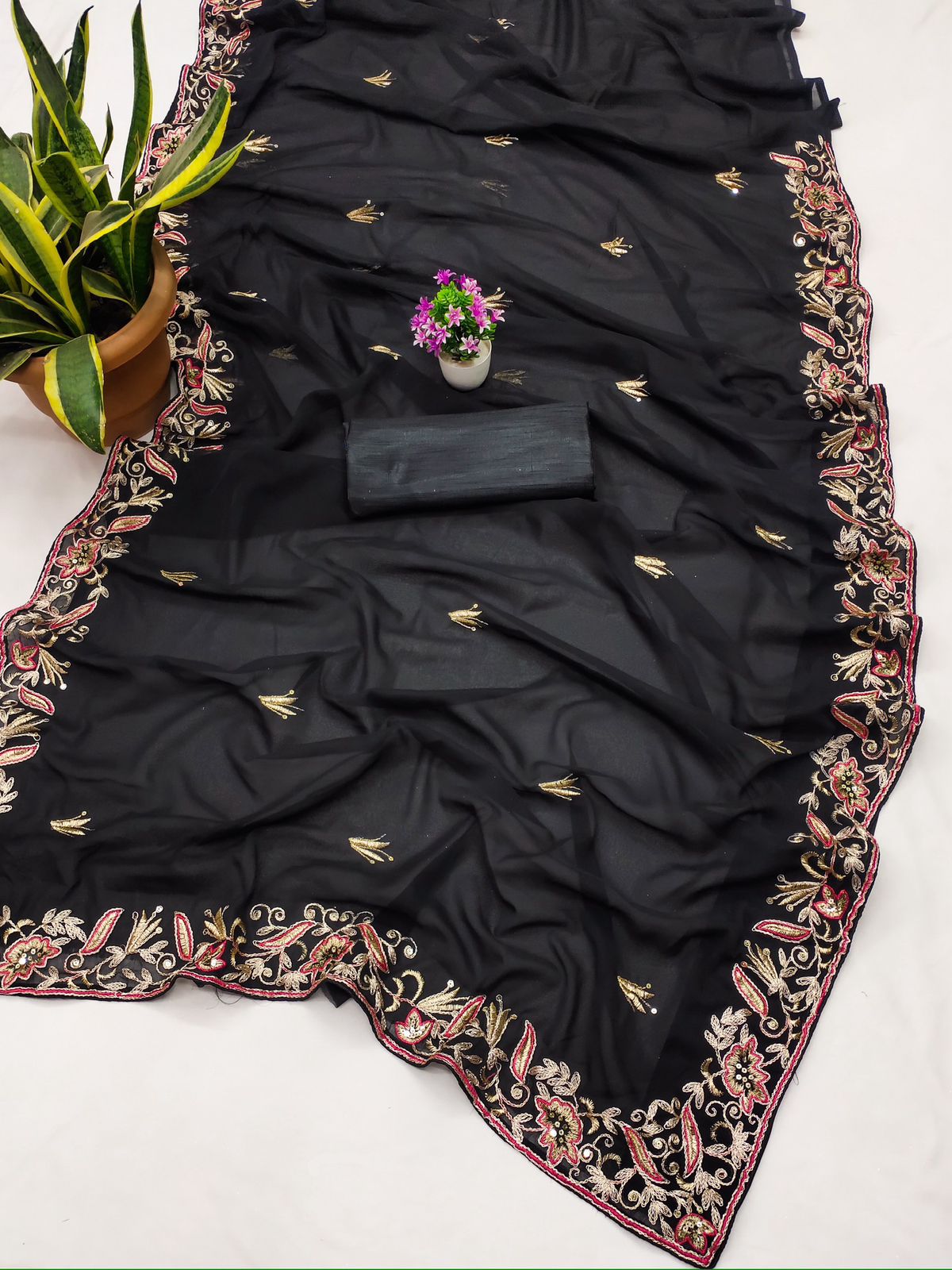 Attractive Black Georgette  Embroidery Work Saree