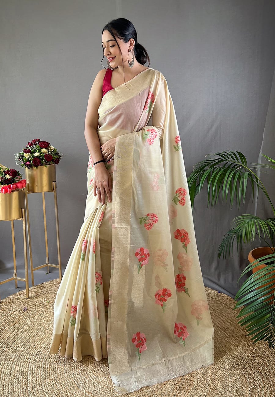 Beautiful Cotton Flower Work Saree