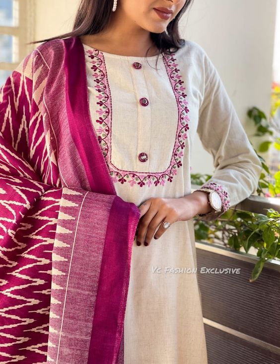 Style-cast White Khadi Cotton with Beautiful Embroidery Work Dress