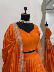 Outstanding Orange Satin Silk Thread With Sequence Work Lehenga Choli