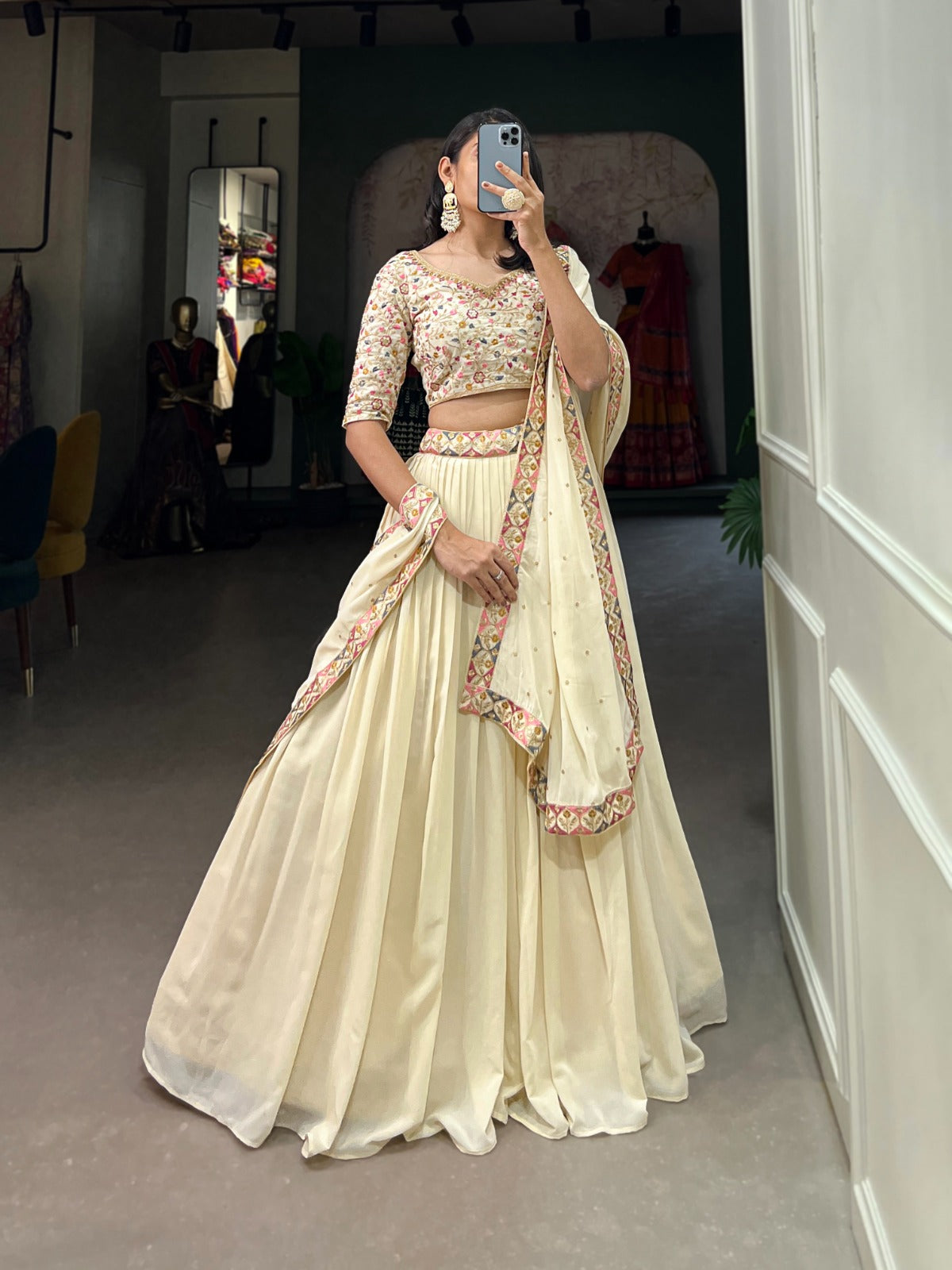 Shining Off-White Exquisitely Embroidered Lehenga Choli