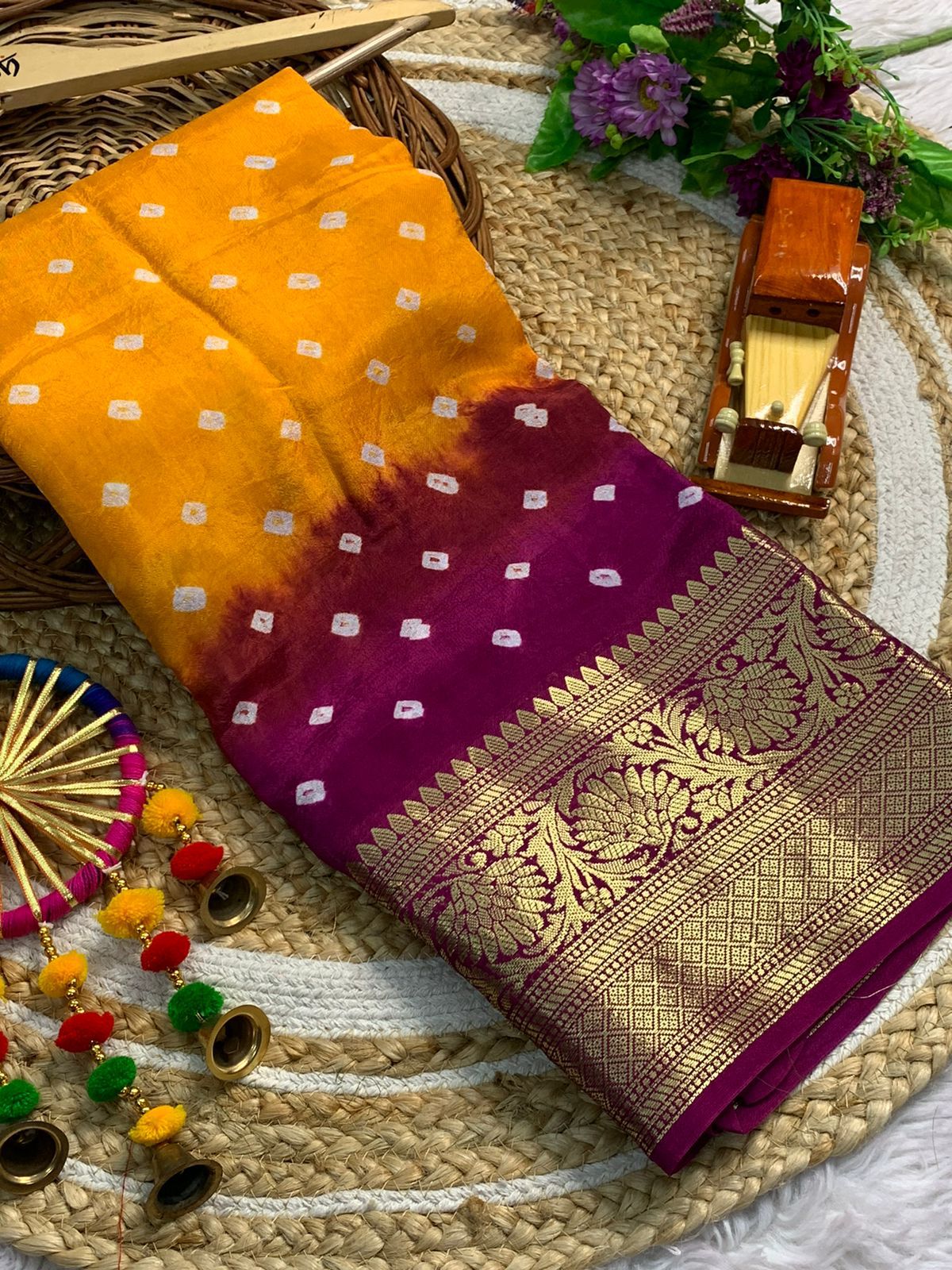 Beautiful Cotton Silk Kanjivaram Bandhani Saree