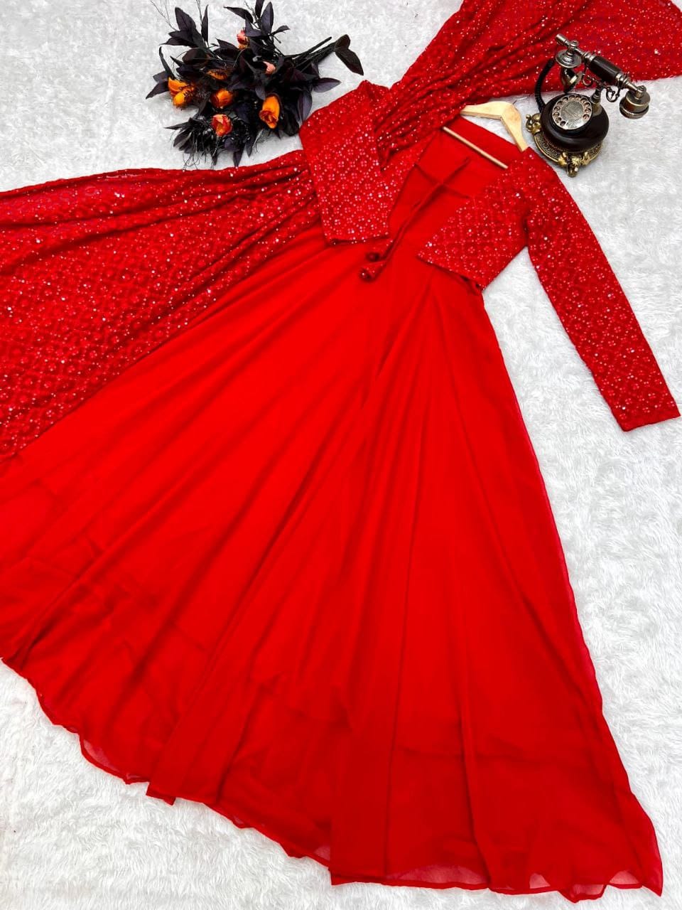 Ravishing Red Georgette Embroidery & Sequence Work Gown