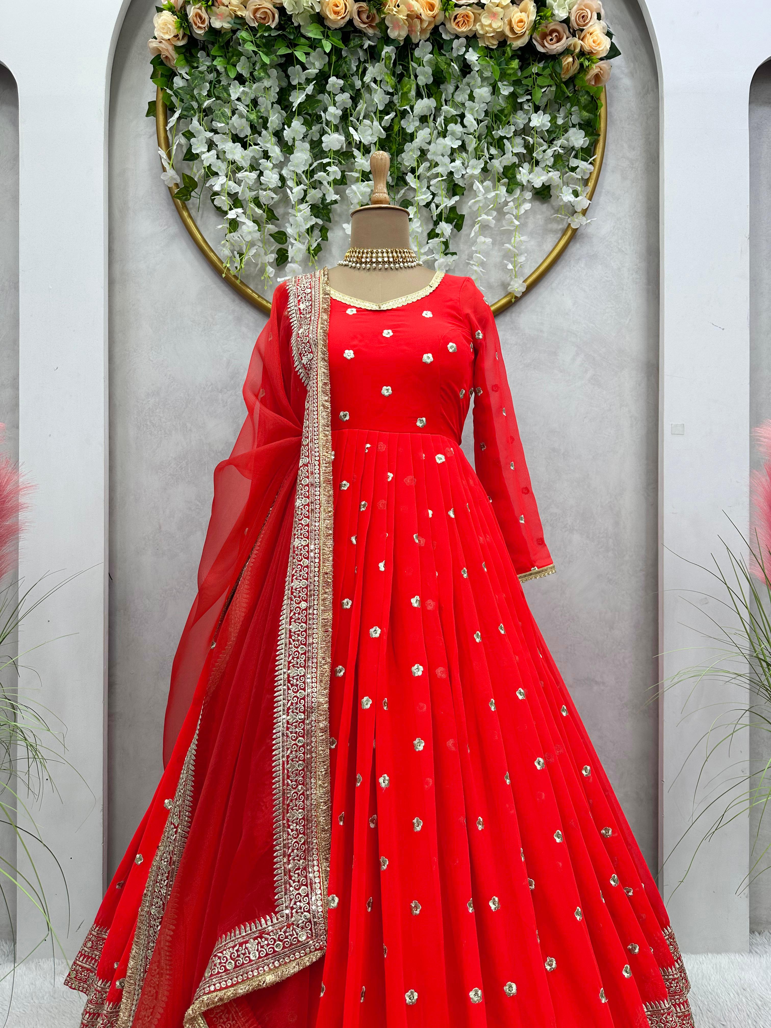 Royal Red Georgette Sequence And Thread Work Gown