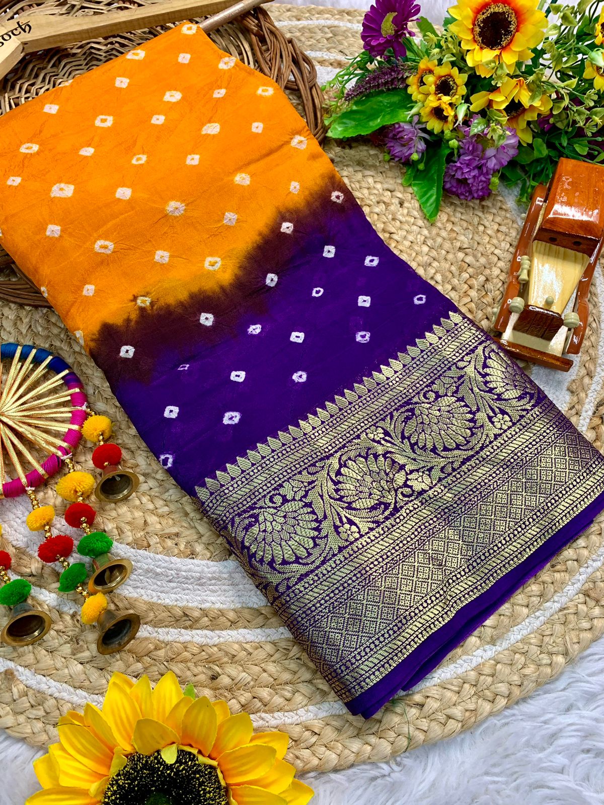 Beautiful Cotton Silk Kanjivaram Bandhani Saree