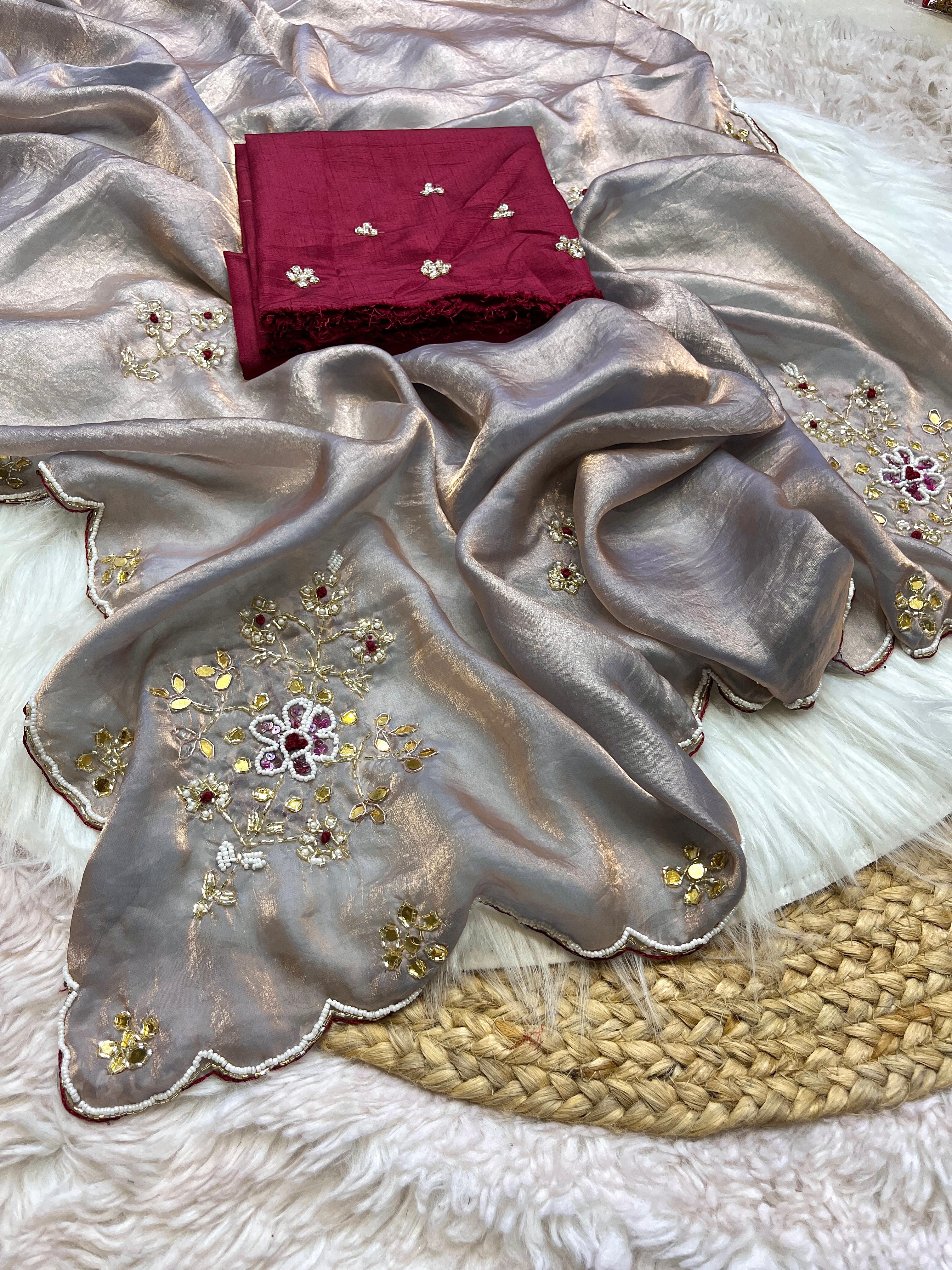 Beautiful Fendy Satin Handwork & Sequence Work Saree