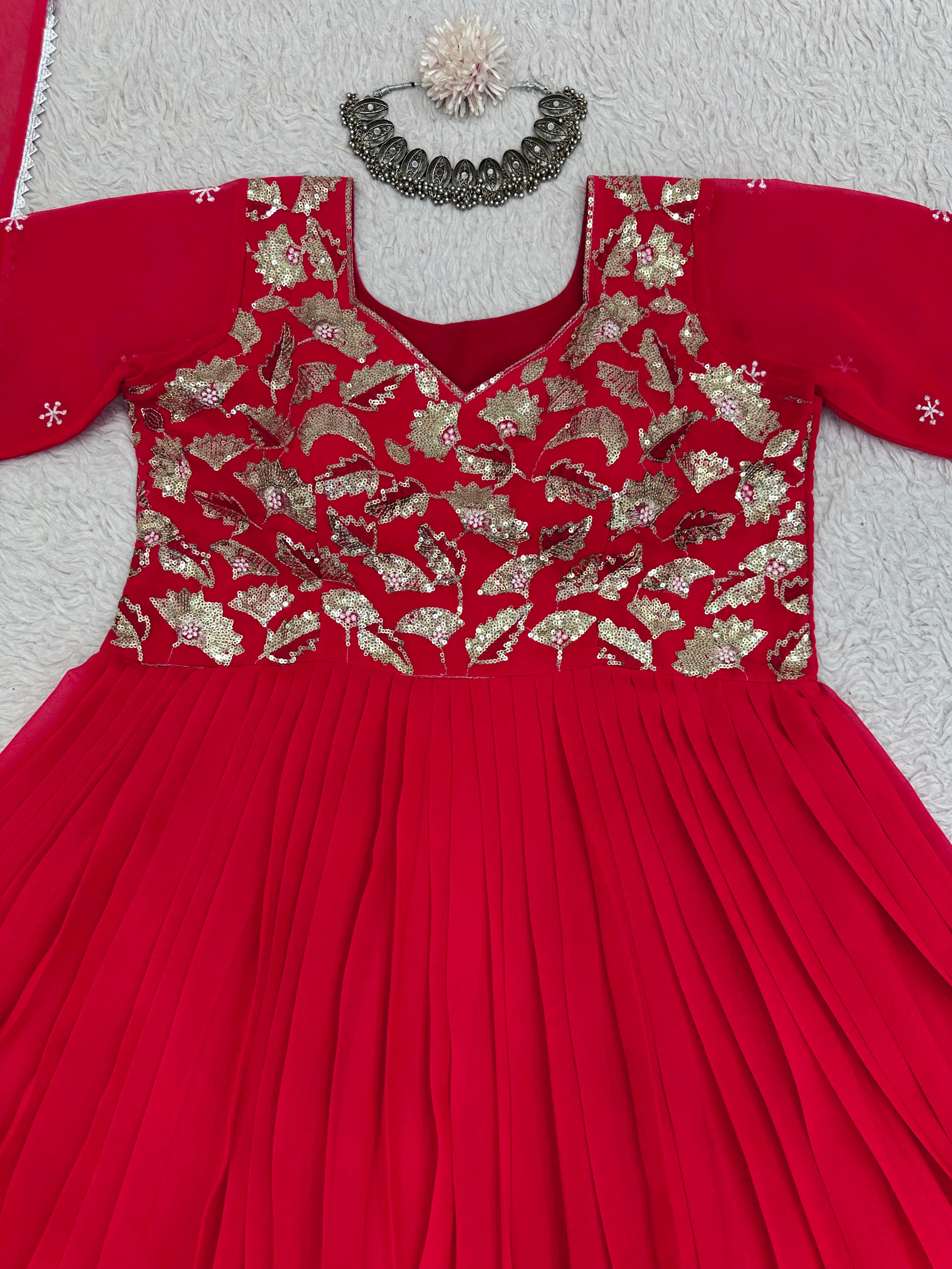 Stunning Red Georgette Thread With Sequence Work Gown