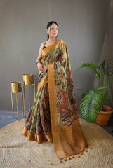 Hand Painted Feel Kalamkari Print Tussar Silk Saree