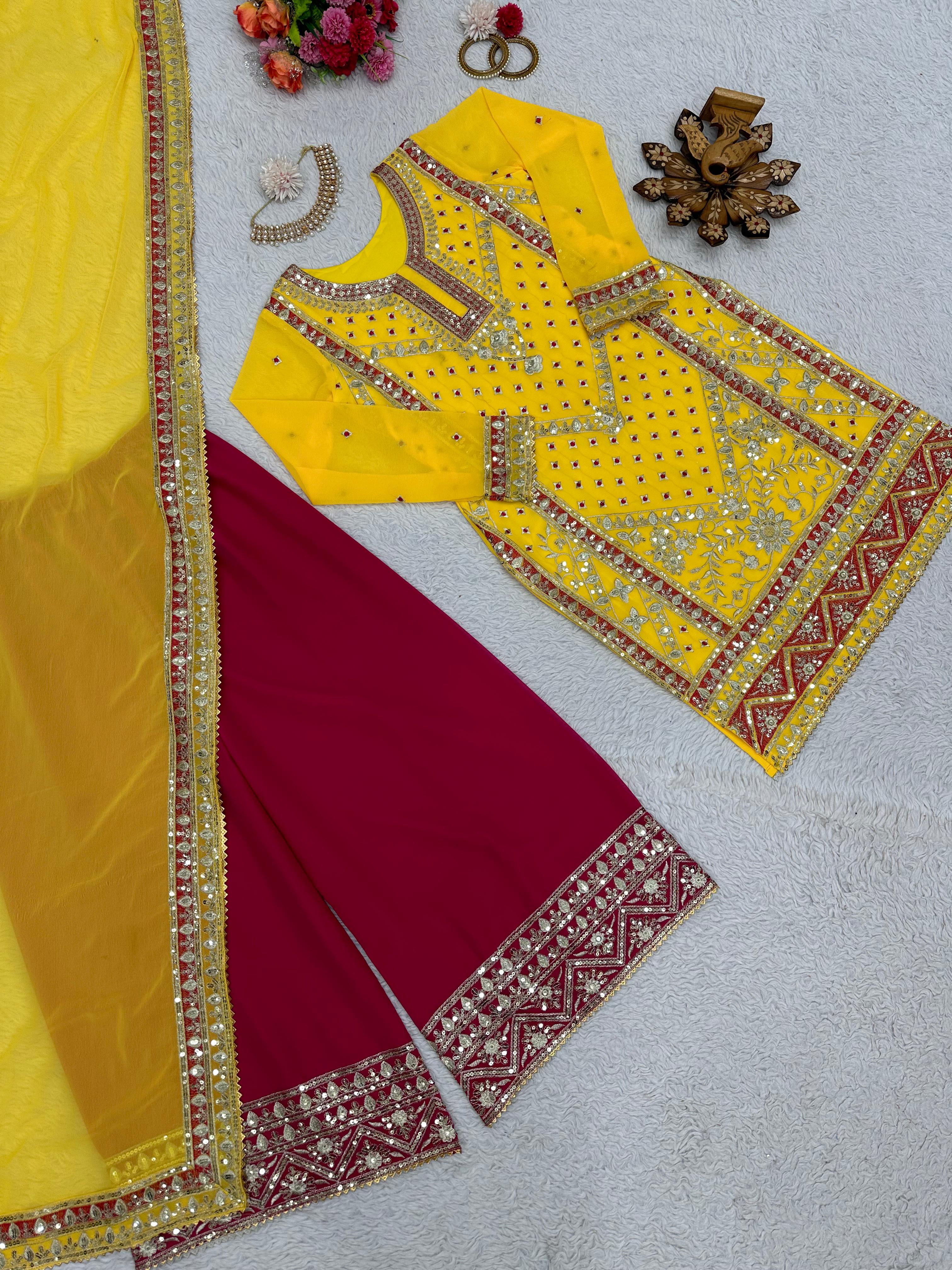 Shining Yellow Beautiful Designer Georgette Thread With Sequence Work Suit