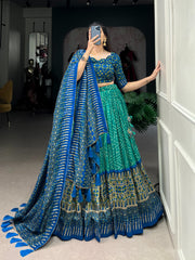 Beautiful Tussar Silk Ajarakh Print With Gotta Patti Lace Bordered Lehenga Choli