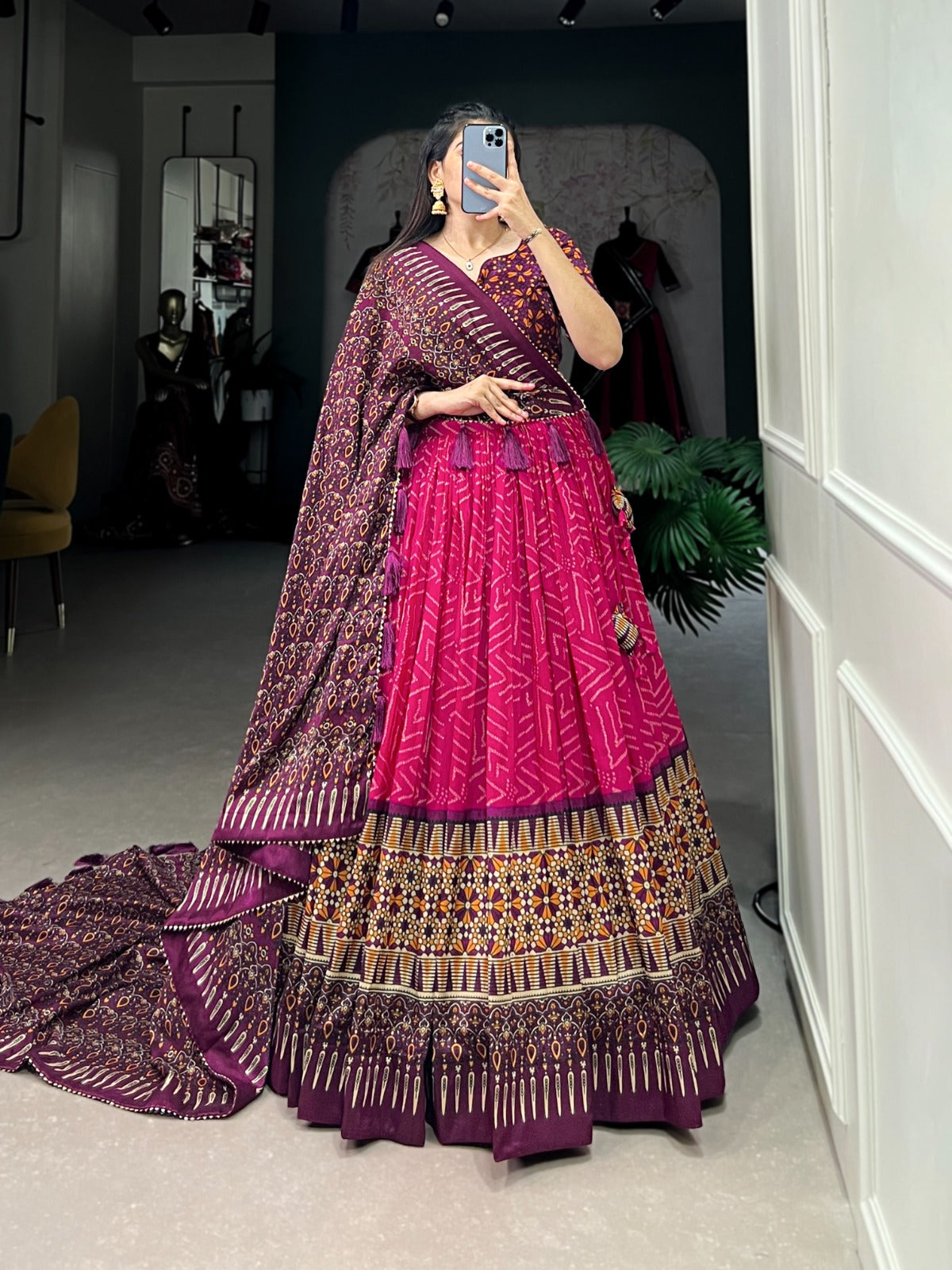 Beautiful Tussar Silk Ajarakh Print With Gotta Patti Lace Bordered Lehenga Choli