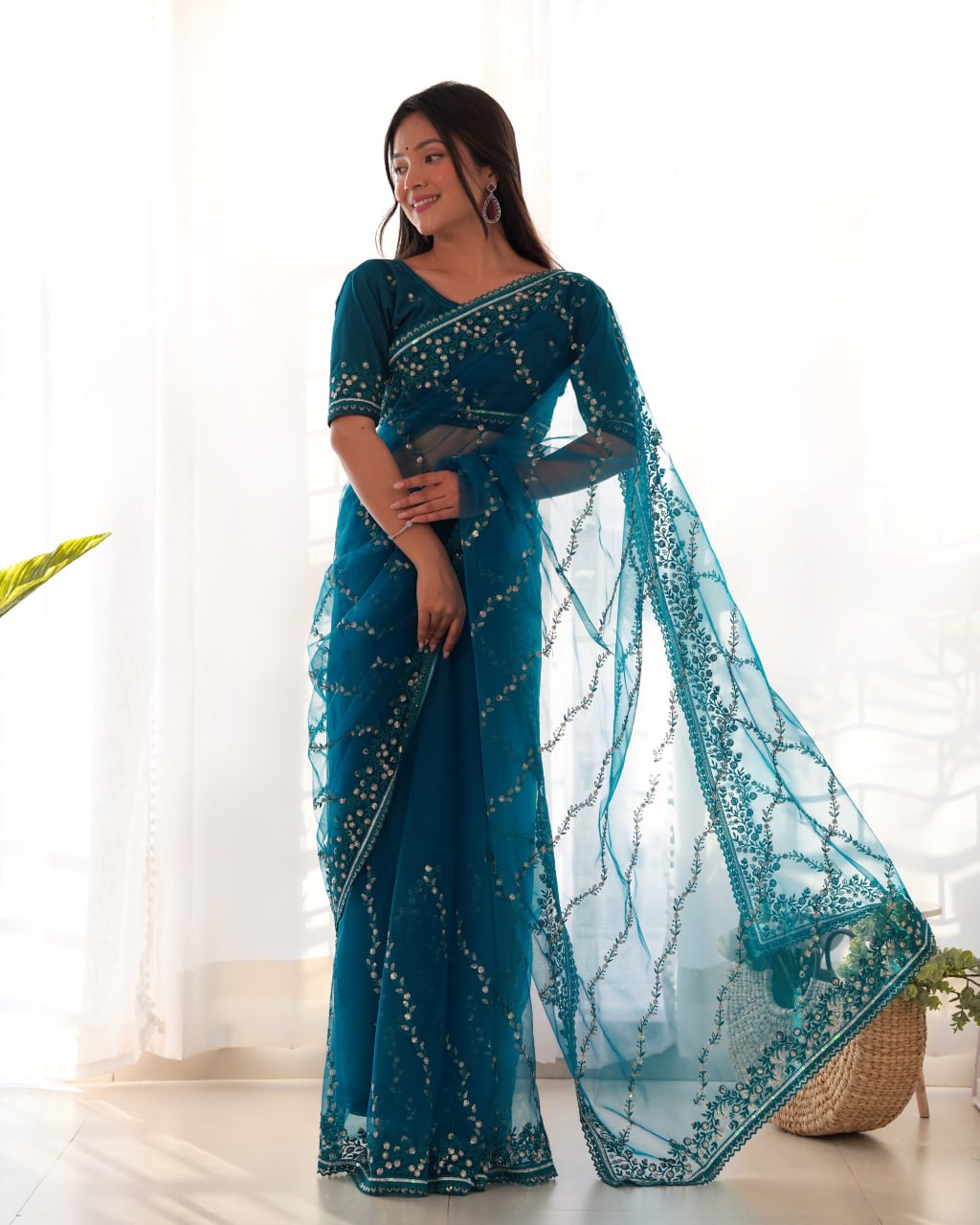 Designer Butterfly Net sequence Embroidery Work Saree