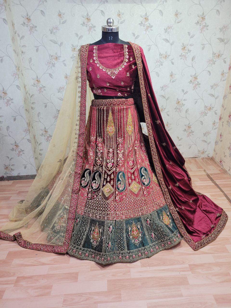 Heavy Pure Lycra Velvet Zarkan Work Multi Colour Double Dupatta & Double Cancan Rajwadi Bridal Lehenga Choli