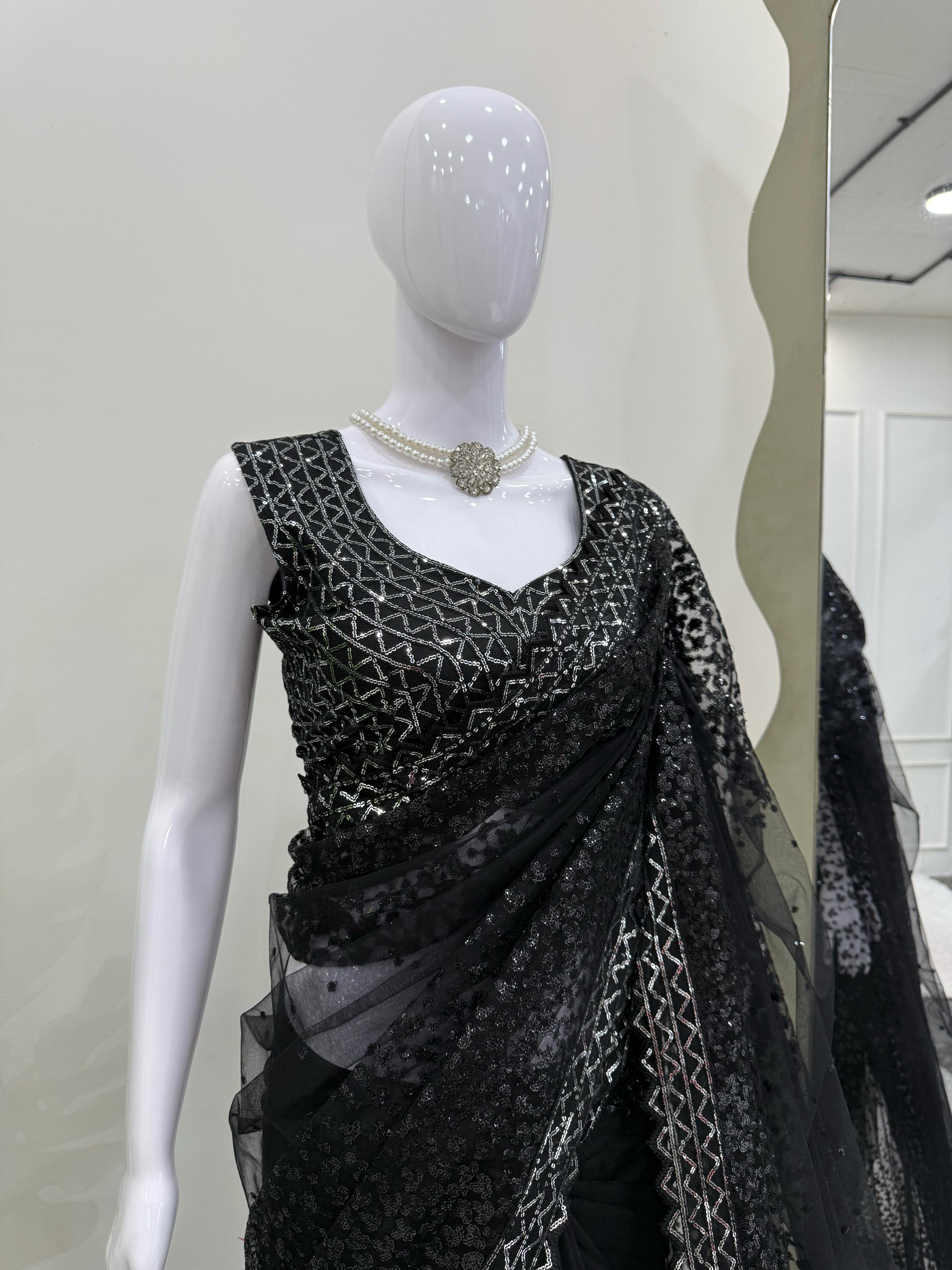 Beautiful Designer Black Soft Net Sequence Work Saree