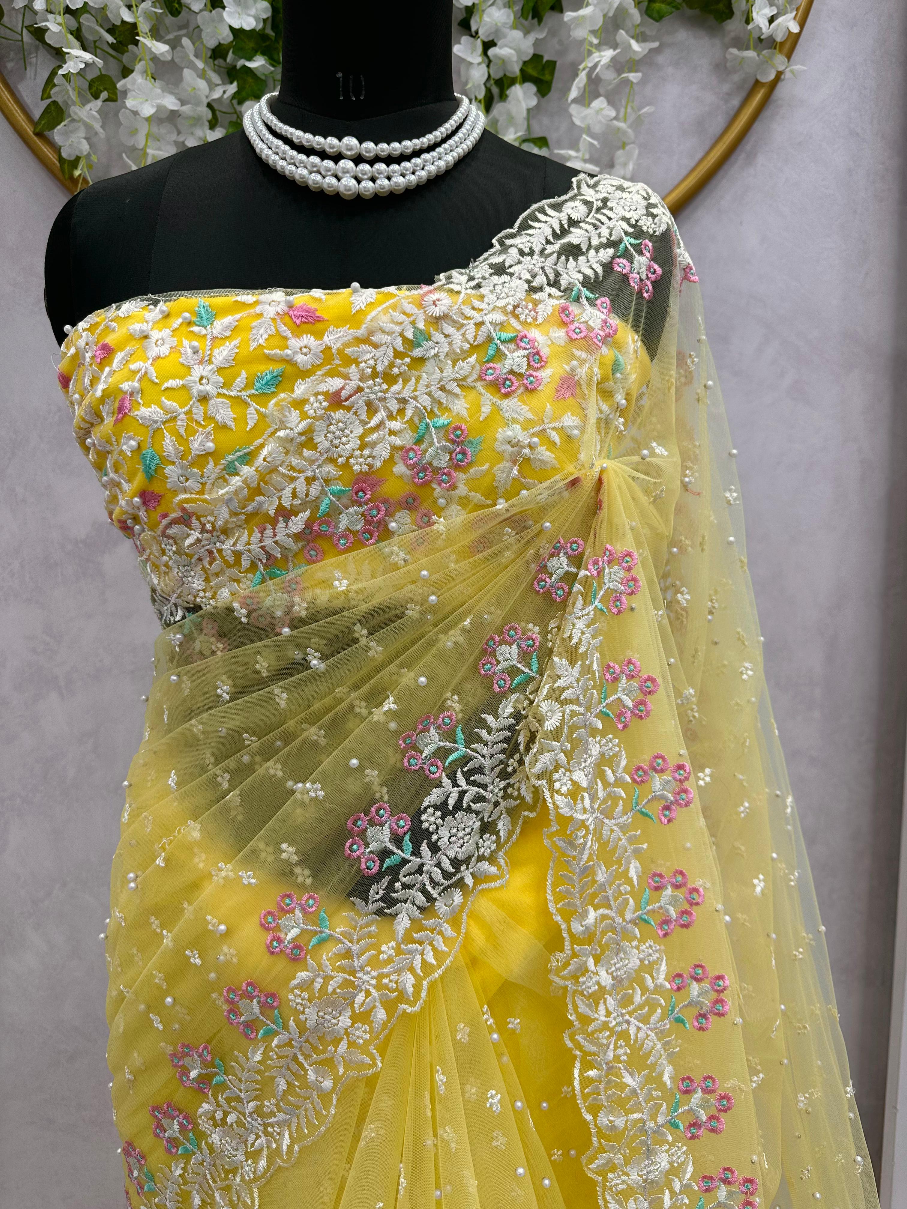 Attractive Yellow colour Beautiful Designer Soft Net Saree