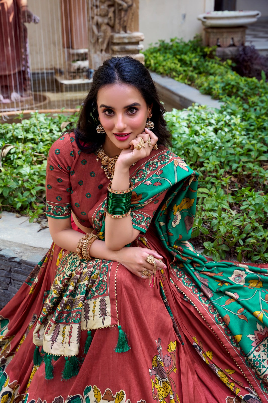 Beautiful Traditional Tussar Silk kalamkari With Foil Work Lehenga Choli