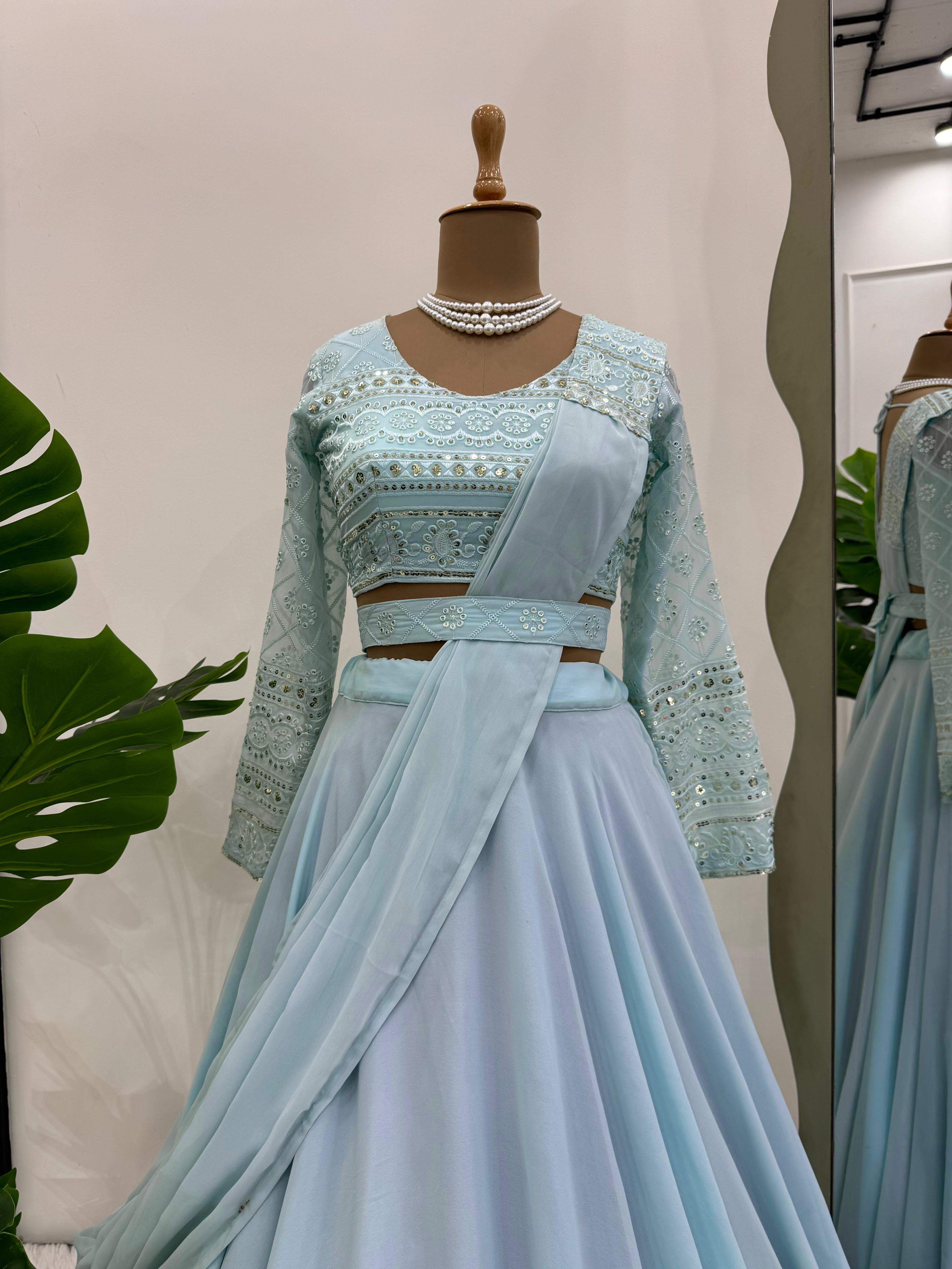 Trending Partywear Stylish Sky Blue Indo Western Lehenga Choli