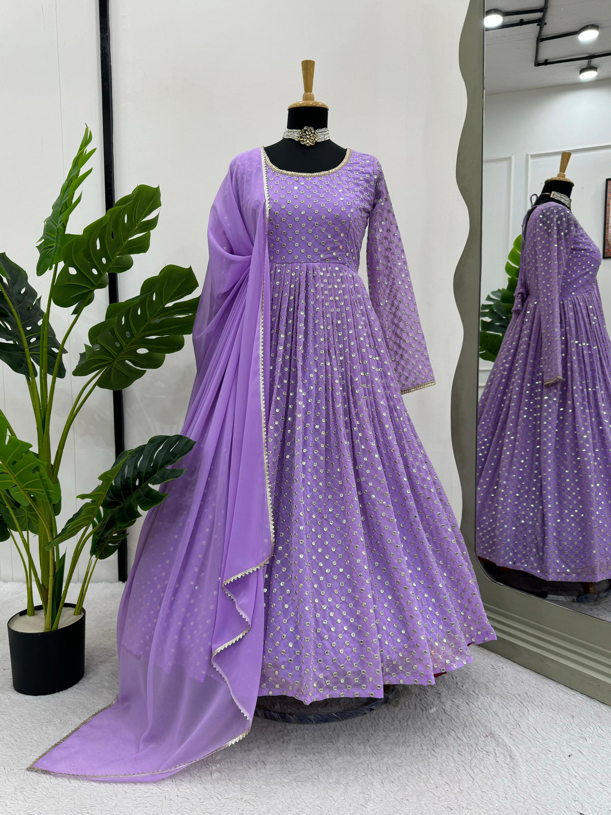 Beautiful Designer Lavender Georgette Thread With Sequence Work Gown