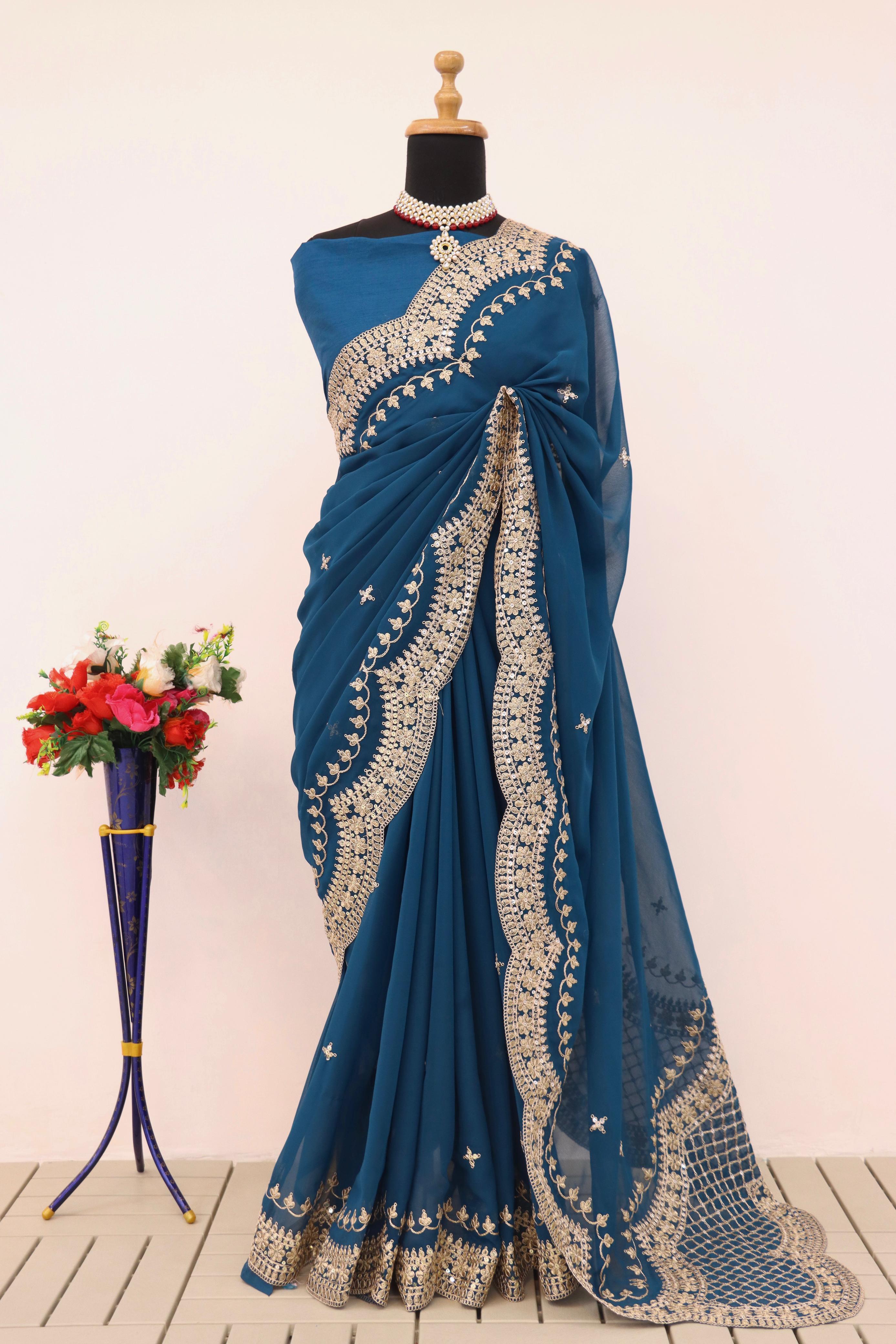 Beautiful Premium Georgette Heavy Embroidery Codding Multi Thread  & Sequence Work Saree