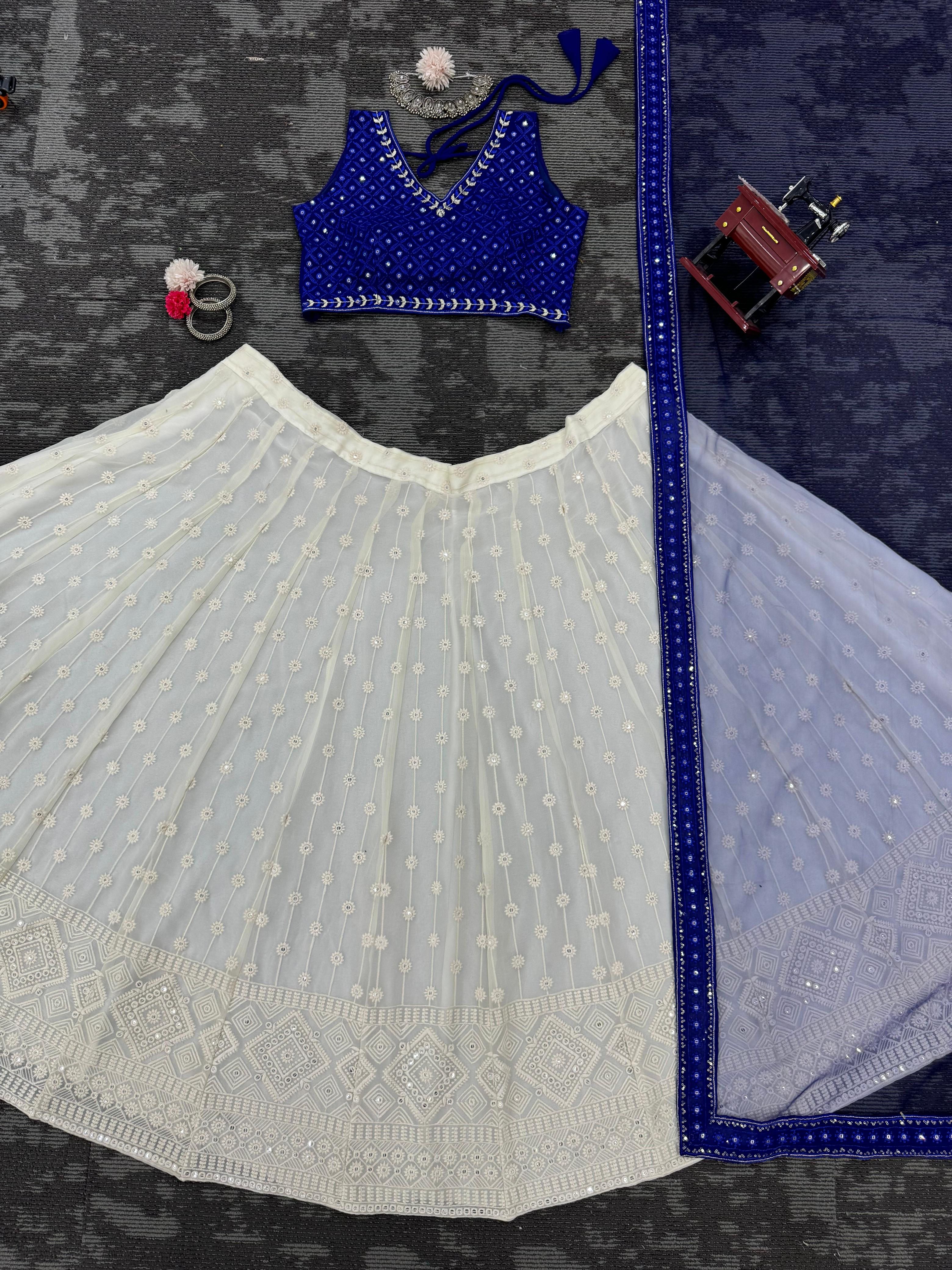 Shining White & Blue Colour Georgette Thread And Sequence Work Lehenga Choli