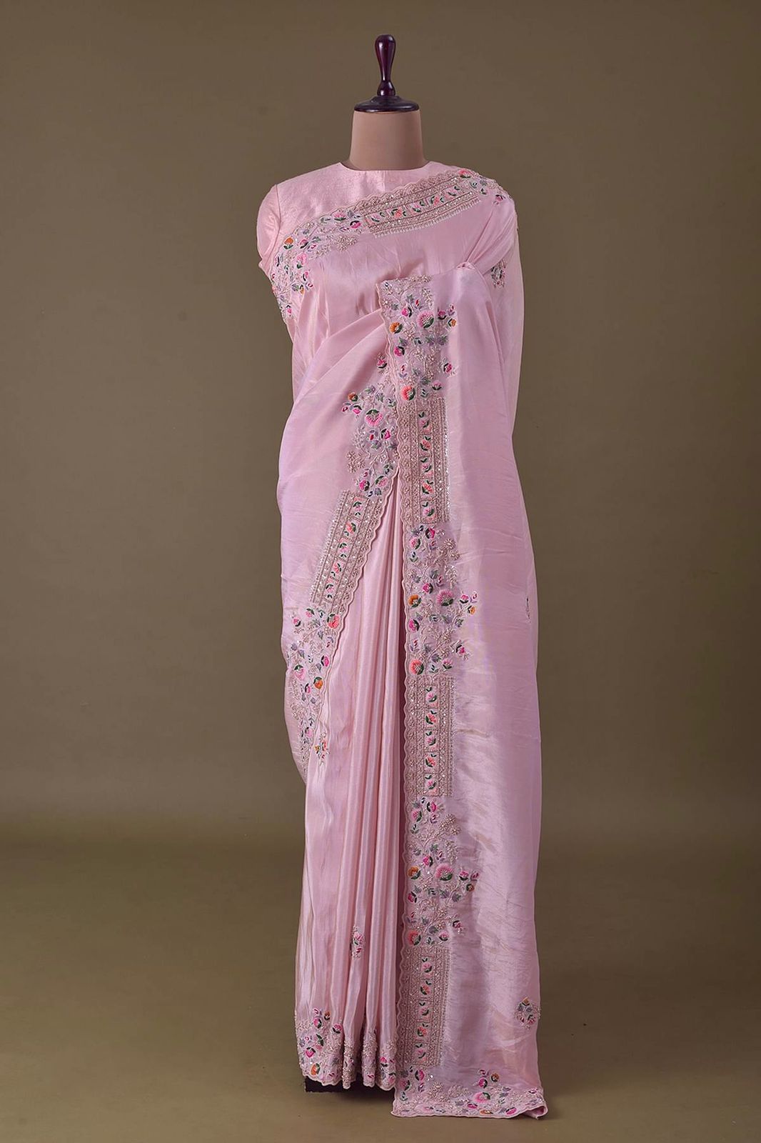 Pretty Pink Diamond Chinon Silk with Heavy Embroidery Work Saree