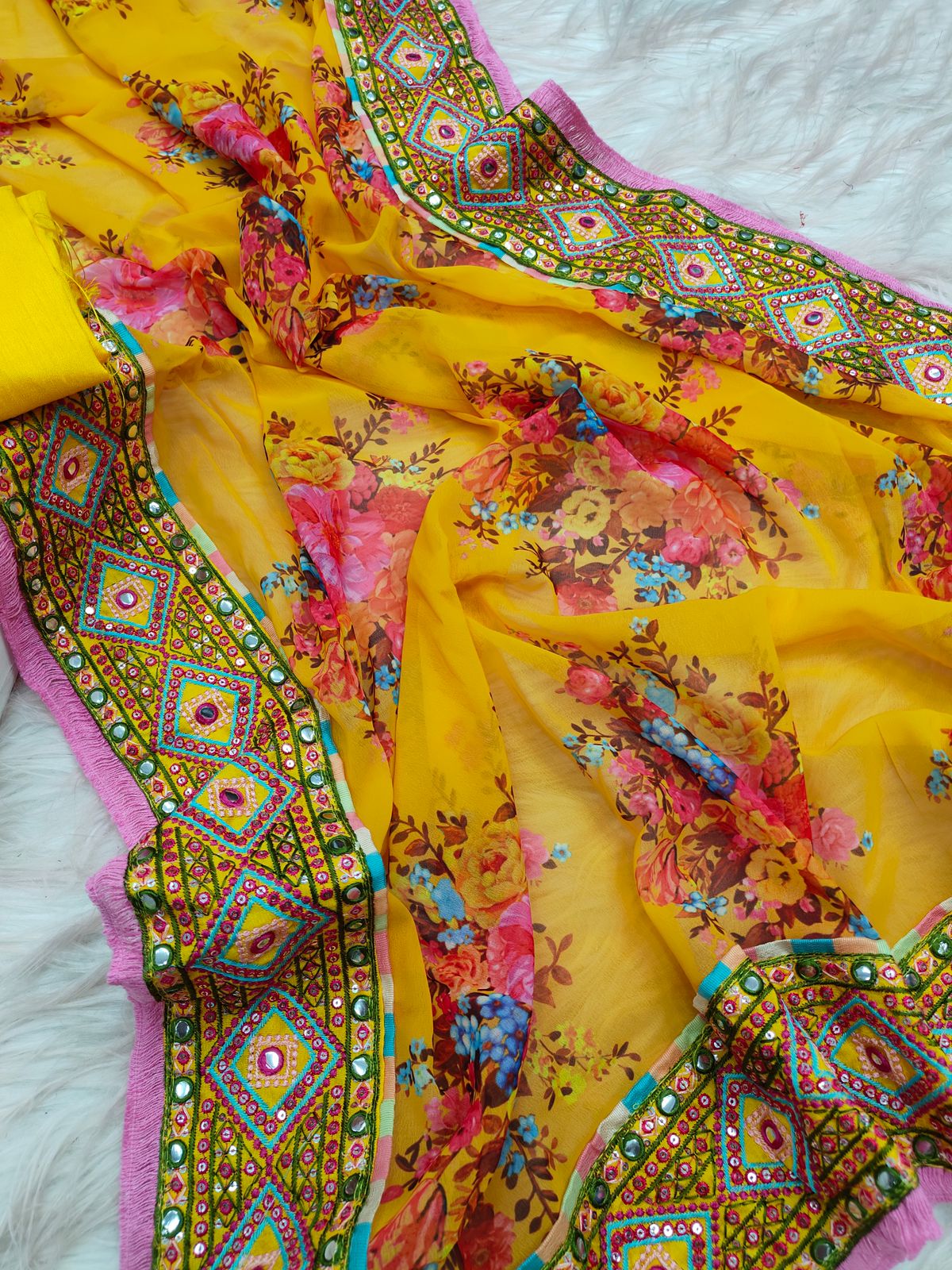 Beutiful Yellow Georgette Digital Printed With Multi Embroidery Work Saree