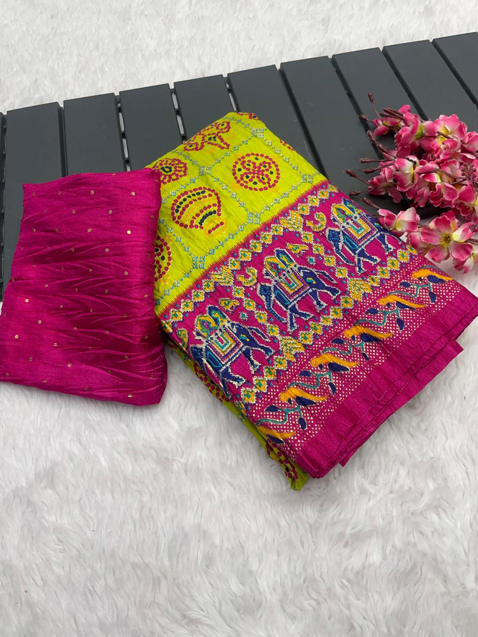 Pure Soft Crush Dola Pochampally Design With Foil Print Border Saree