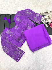 Beautiful Designer Lavender Smooth Georgette Sequence Work Saree