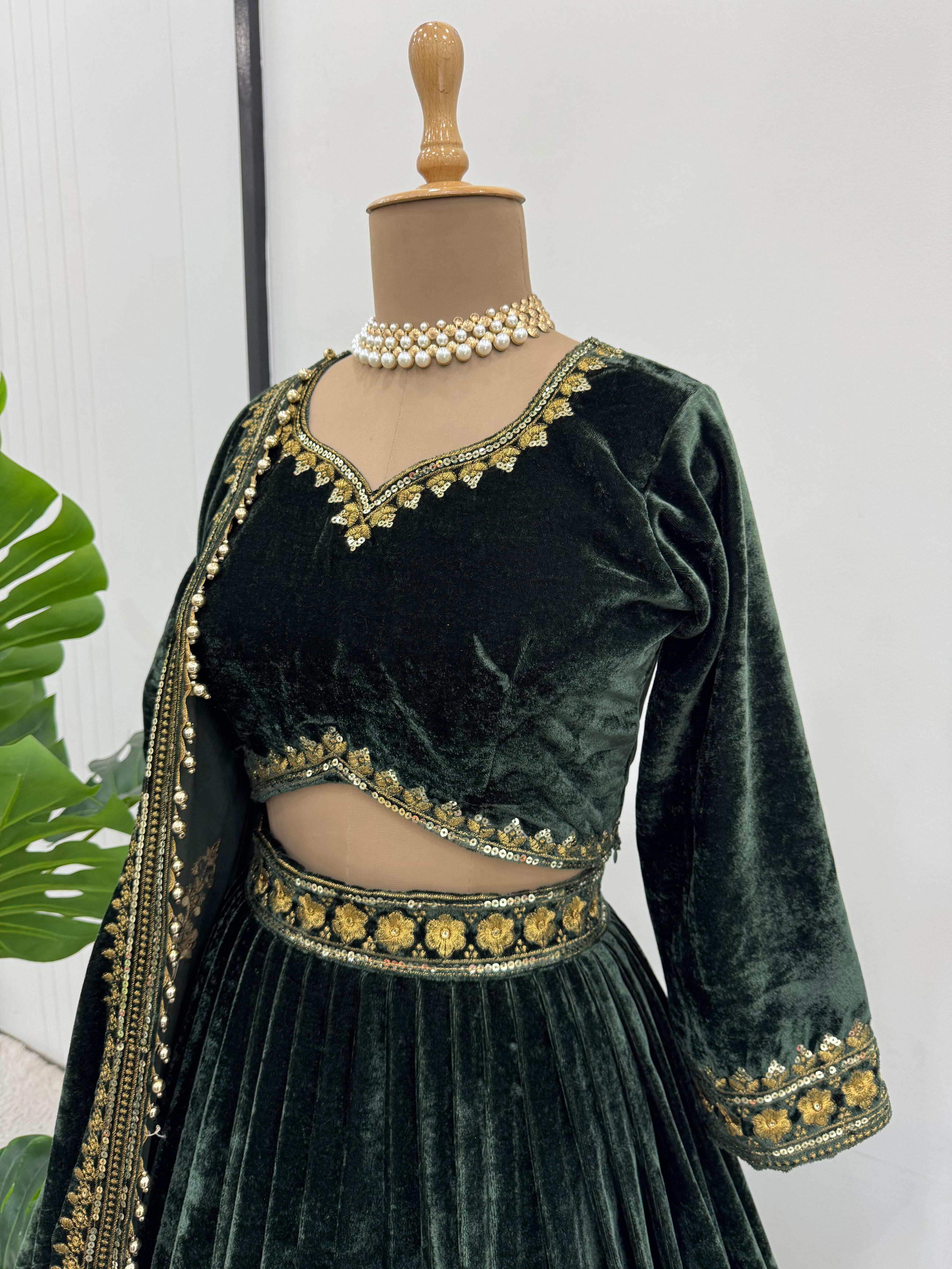 Beautiful Green Viscose Velvet Thread With Sequence Work Lehenga Choli