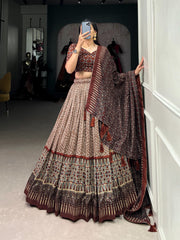 Beautiful Tussar Silk Ajarakh Print With Gotta Patti Lace Bordered Lehenga Choli